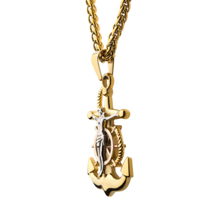 18K Gold Plated Stainless Steel Anchor Crucifix Necklace