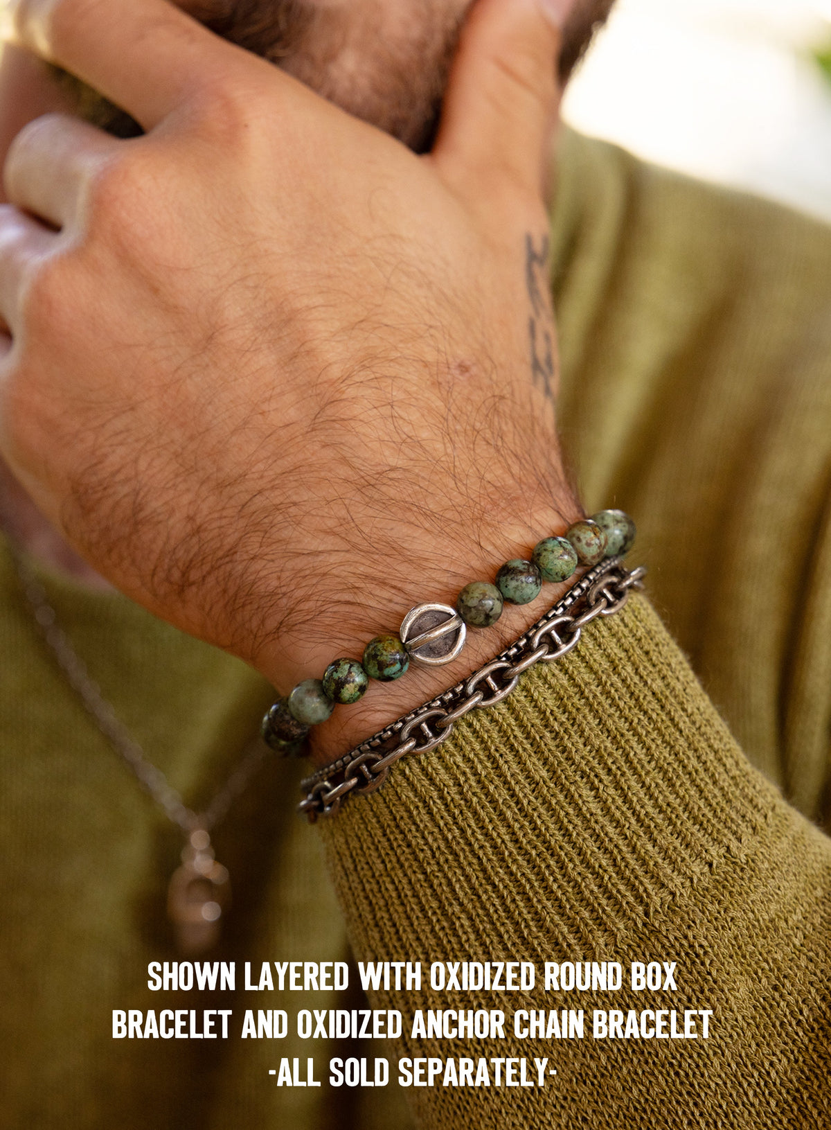 Genuine African Turquoise and Sterling Silver Men's Bead Bracelet