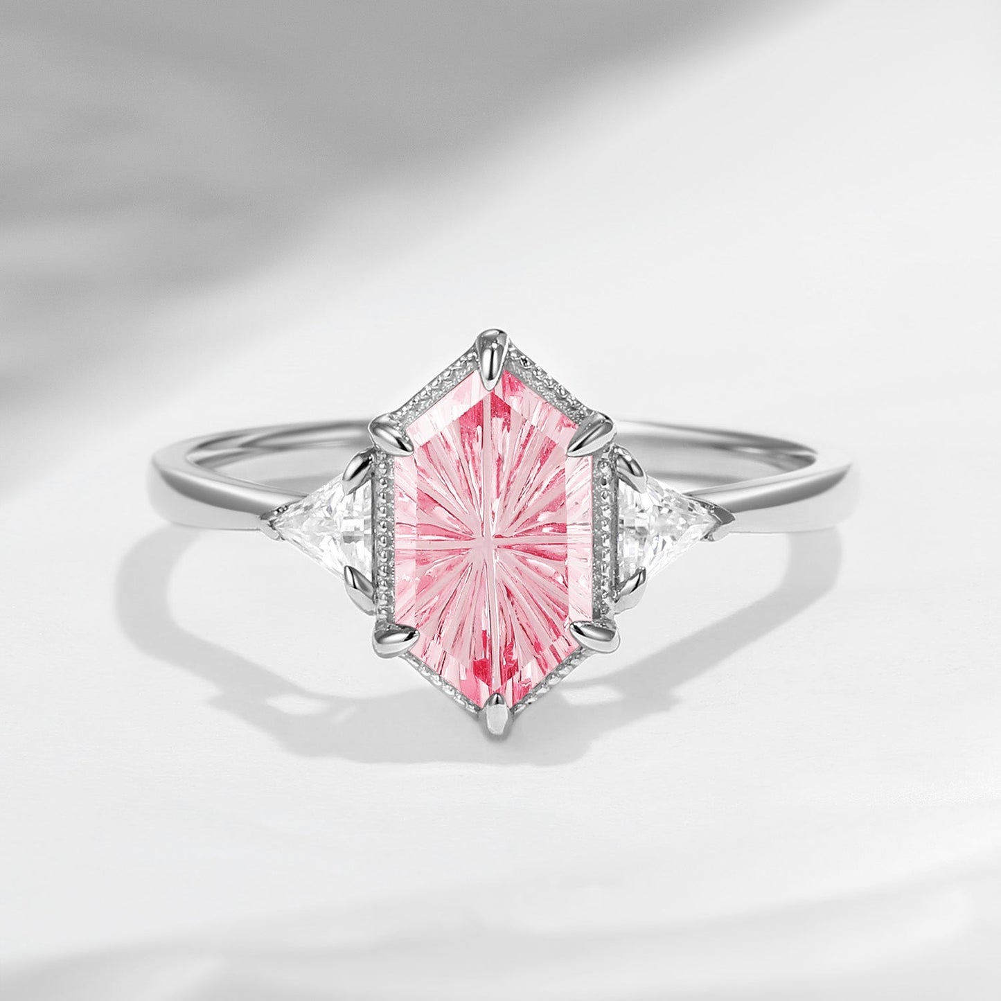 Vintage Inspired Fantasy Carved Long Hexagon Lab Pink Sapphire Three-Stone Engagement Ring