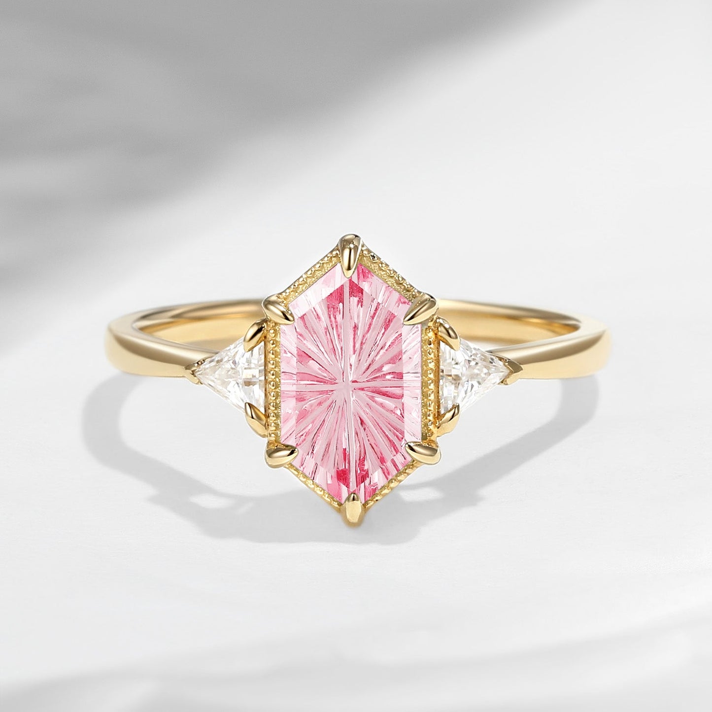 Vintage Inspired Fantasy Carved Long Hexagon Lab Pink Sapphire Three-Stone Engagement Ring