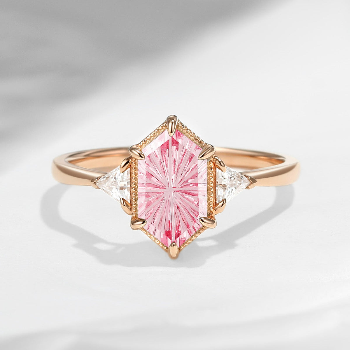 Vintage Inspired Fantasy Carved Long Hexagon Lab Pink Sapphire Three-Stone Engagement Ring