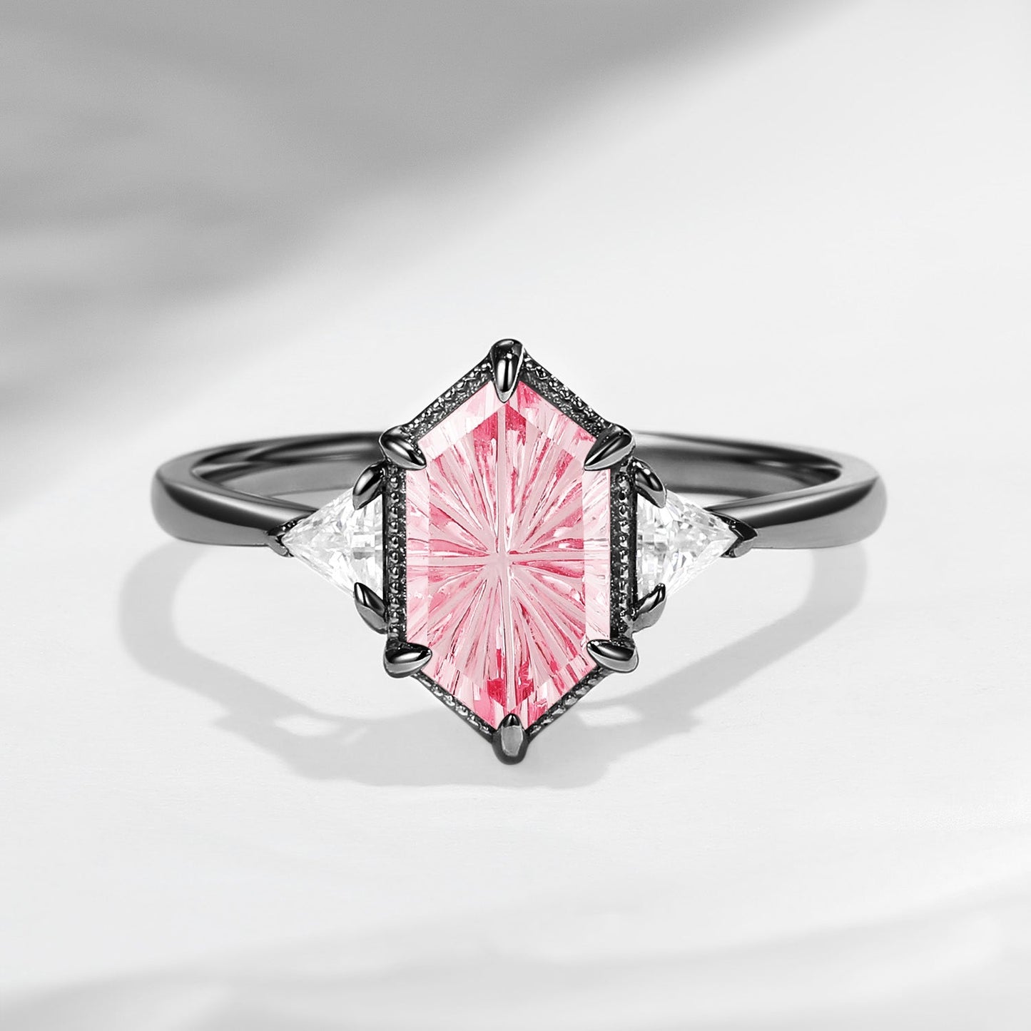 Vintage Inspired Fantasy Carved Long Hexagon Lab Pink Sapphire Three-Stone Engagement Ring