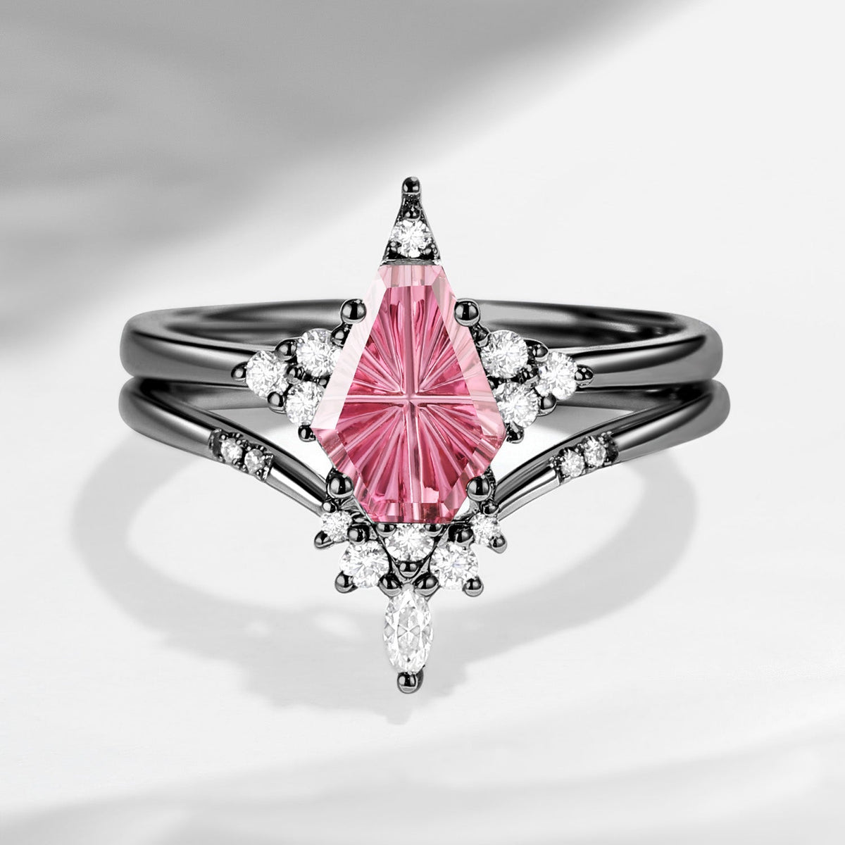 'Coffin Kite' - Fantasy Carved Coffin Natural Pink Tourmaline Cluster Star Engagement Ring Set