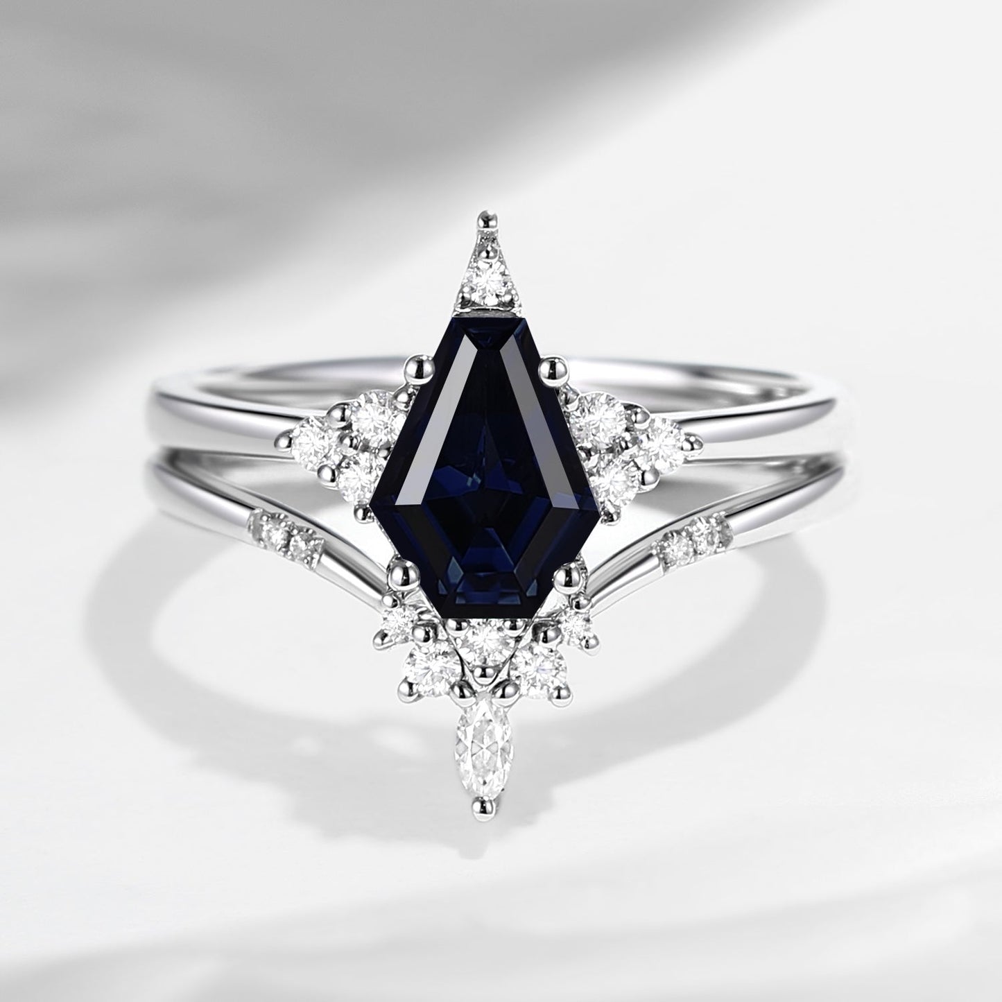 Unique Coffin Natural Black Sapphire Engagement Star Ring Set 2pcs - Coffin Kite
