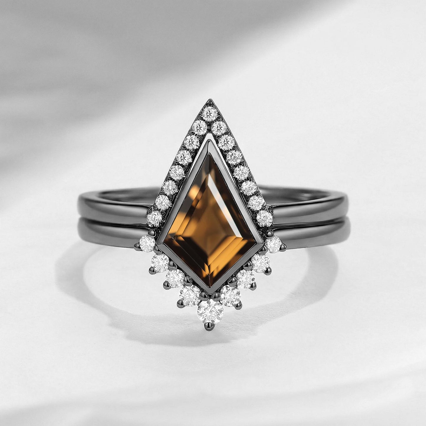 Art Deco Kite Cut Smokey Quartz Bezel Engagement Ring Set 2pcs - Statement