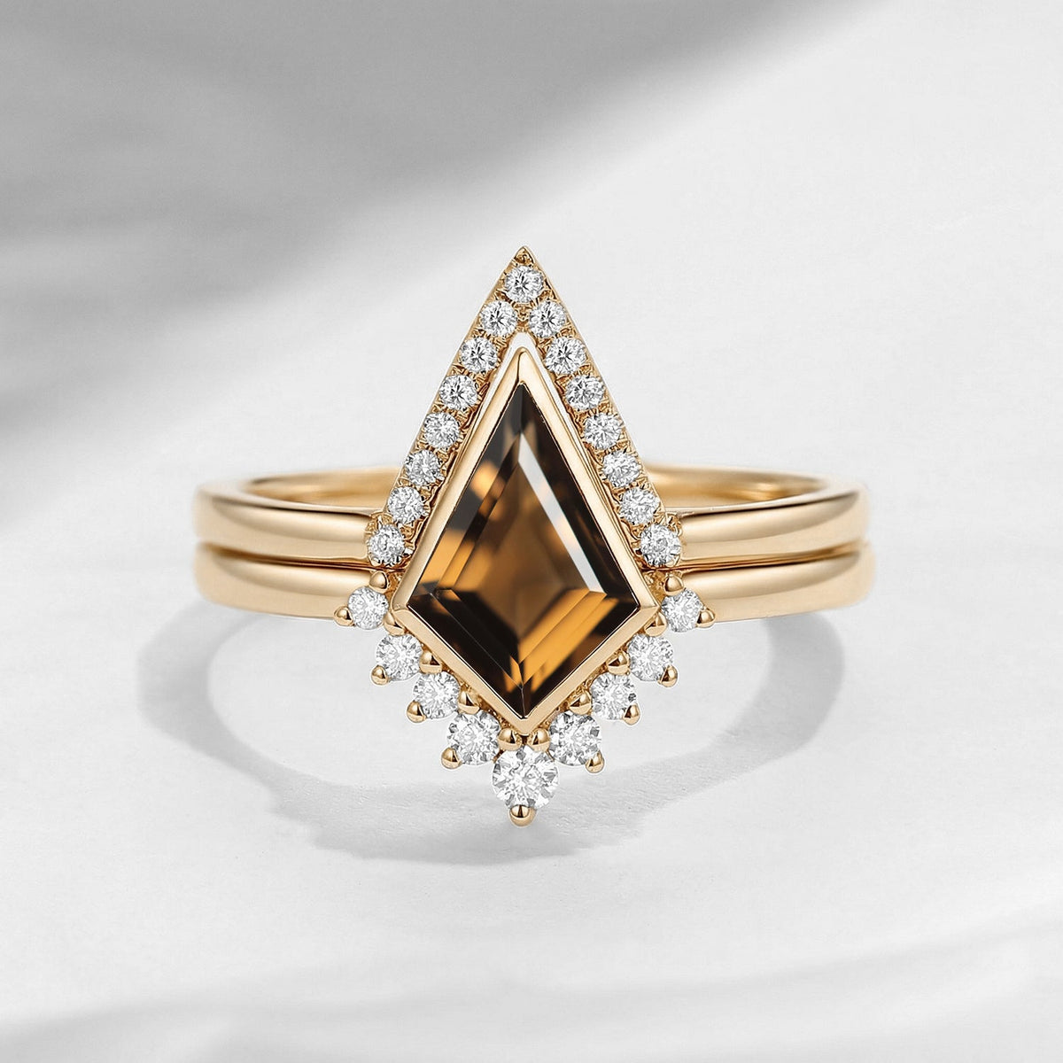 Art Deco Kite Cut Smokey Quartz Bezel Engagement Ring Set 2pcs - Statement