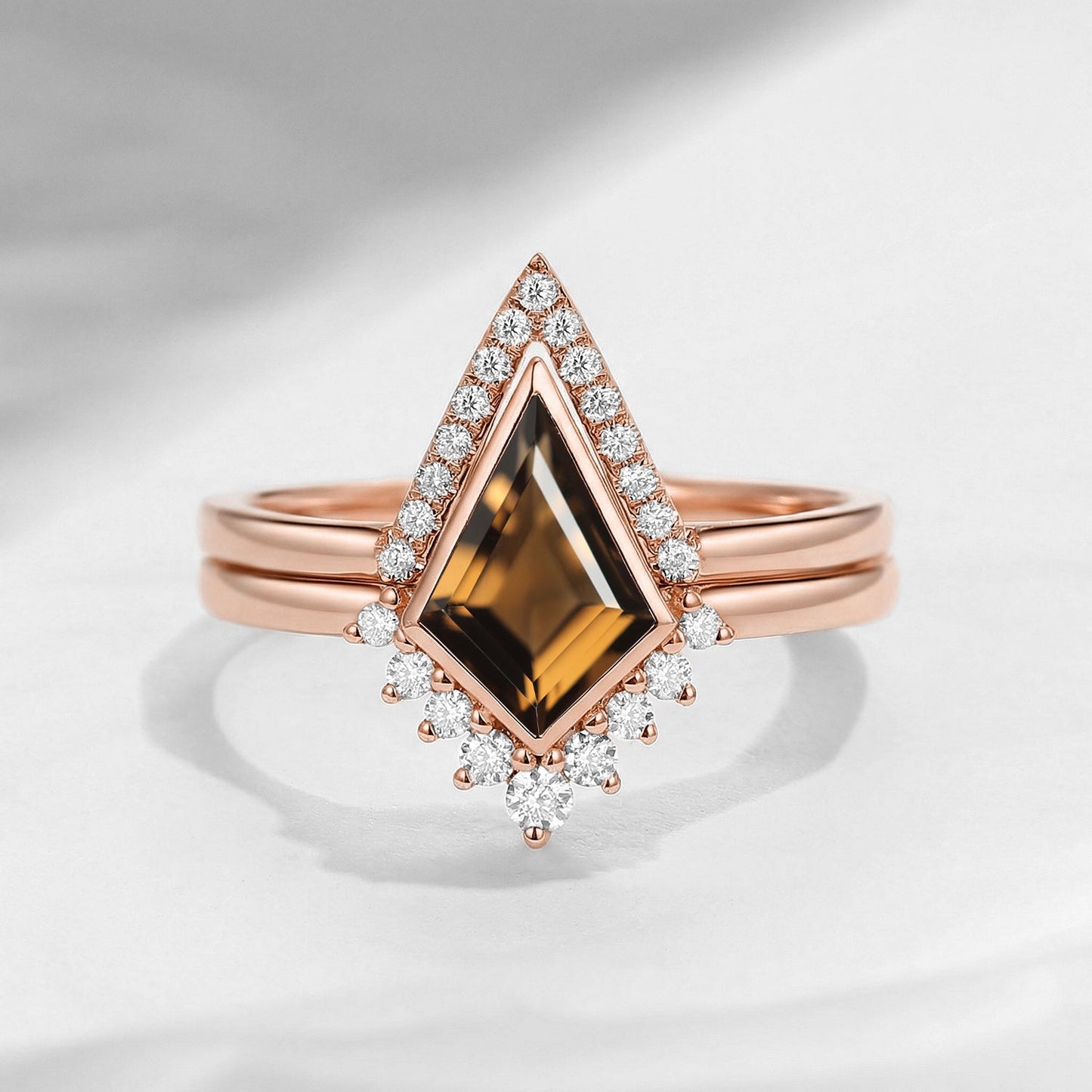 Art Deco Kite Cut Smokey Quartz Bezel Engagement Ring Set 2pcs - Statement