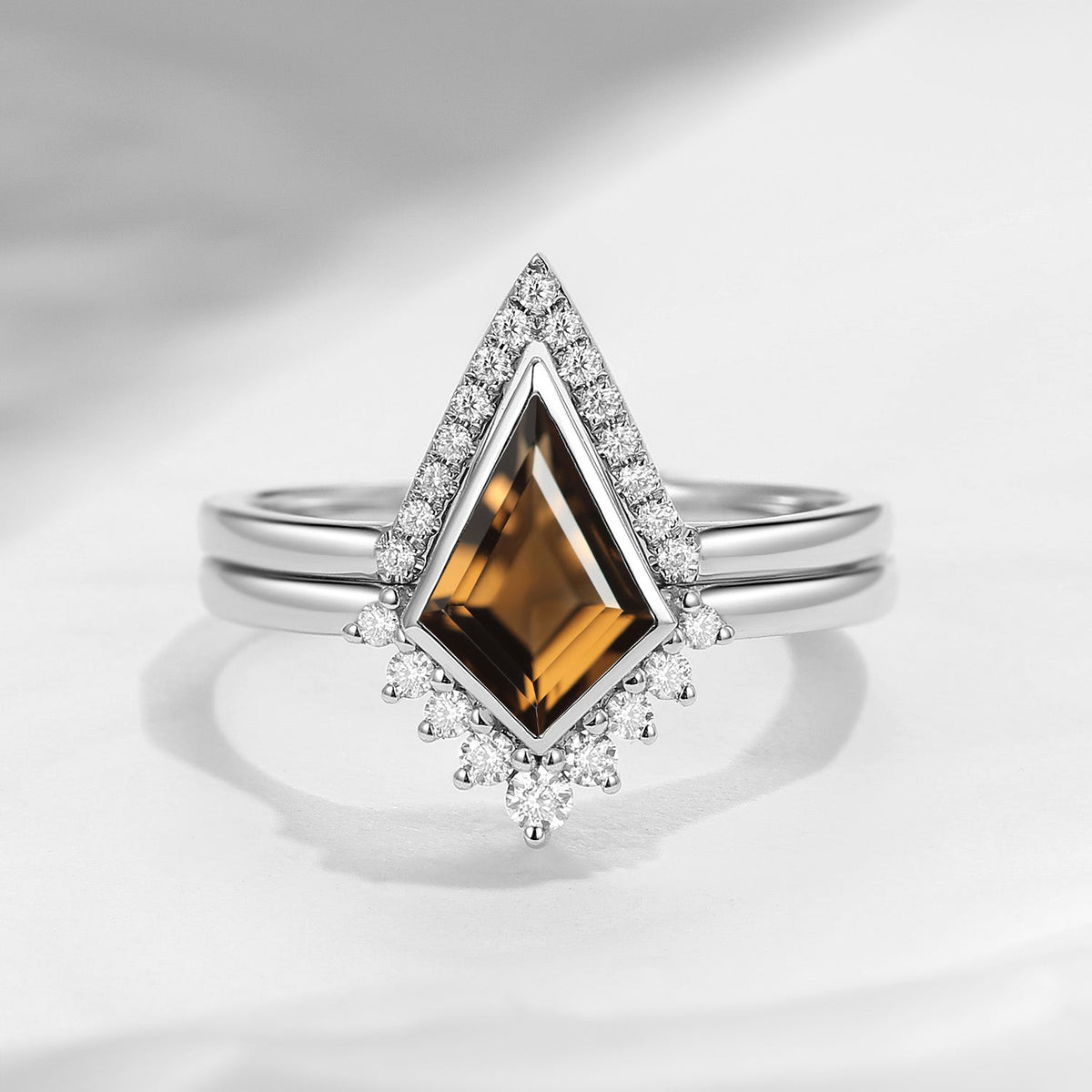 Art Deco Kite Cut Smokey Quartz Bezel Engagement Ring Set 2pcs - Statement