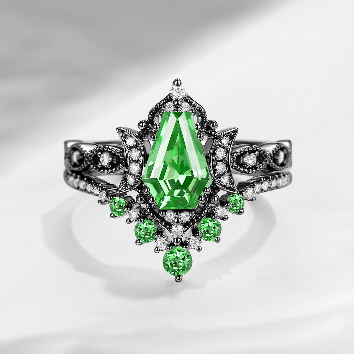 Crescent Moon | Coffin Cut Lab Tsavorite 'Till Death Do Us Part' Engagement Ring Set 2pcs