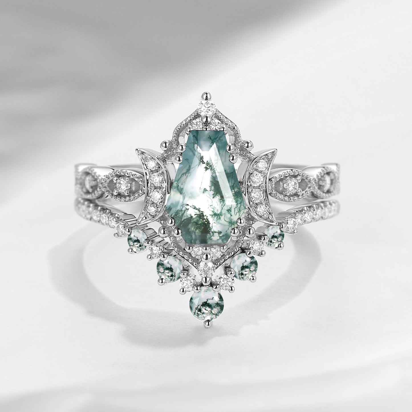 Crescent Moon | Coffin Cut Moss Agate 'Till Death Do Us Part' Ring Set 2pcs