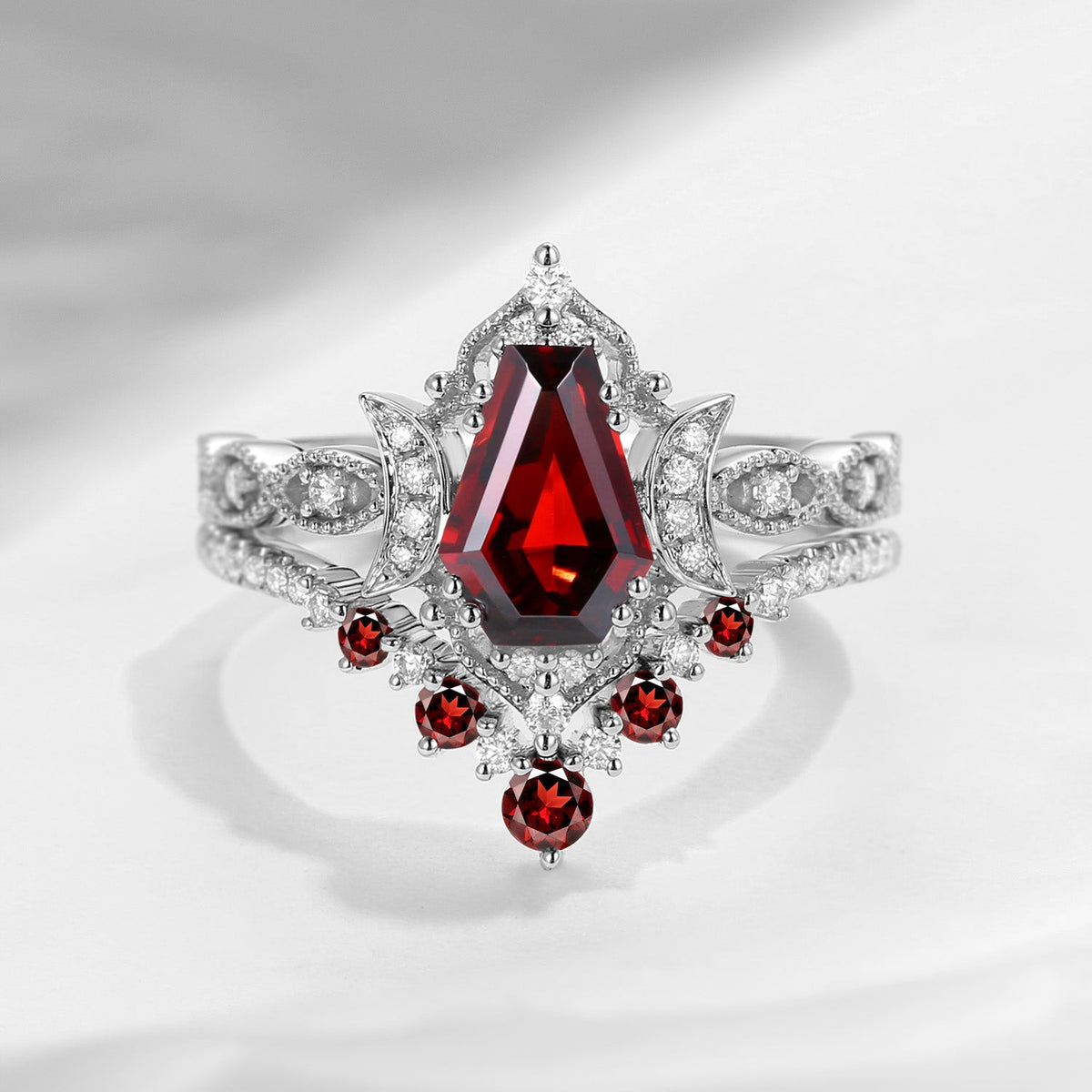 Crescent Moon | Coffin Cut Garnet 'Till Death Do Us Part' Ring Set 2pcs