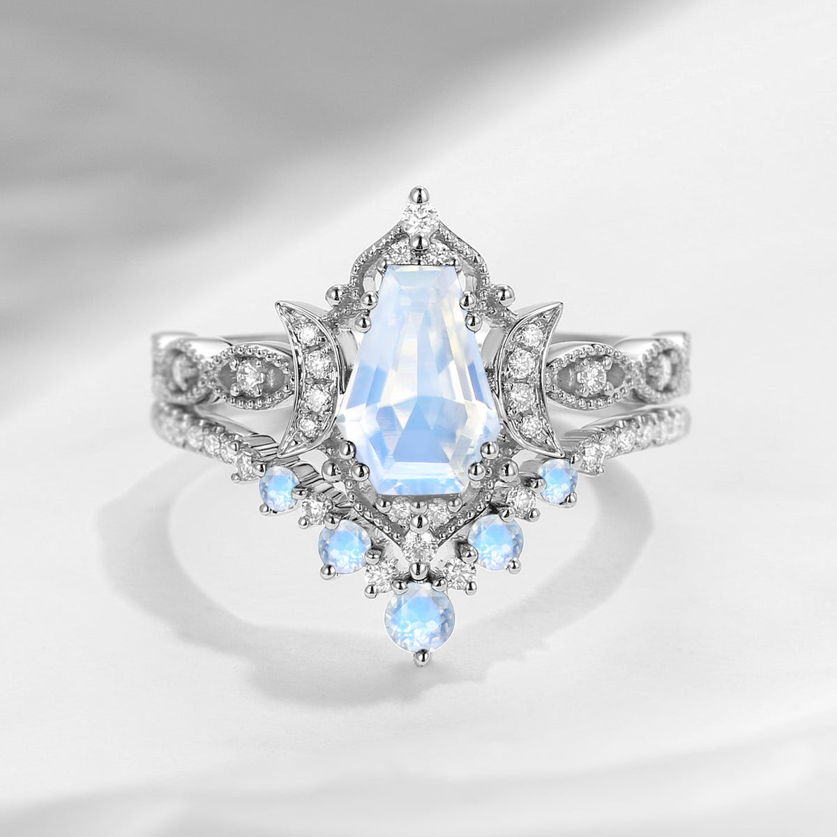 Crescent Moon | Coffin Cut Moonstone 'Till Death Do Us Part' Ring Set 2pcs