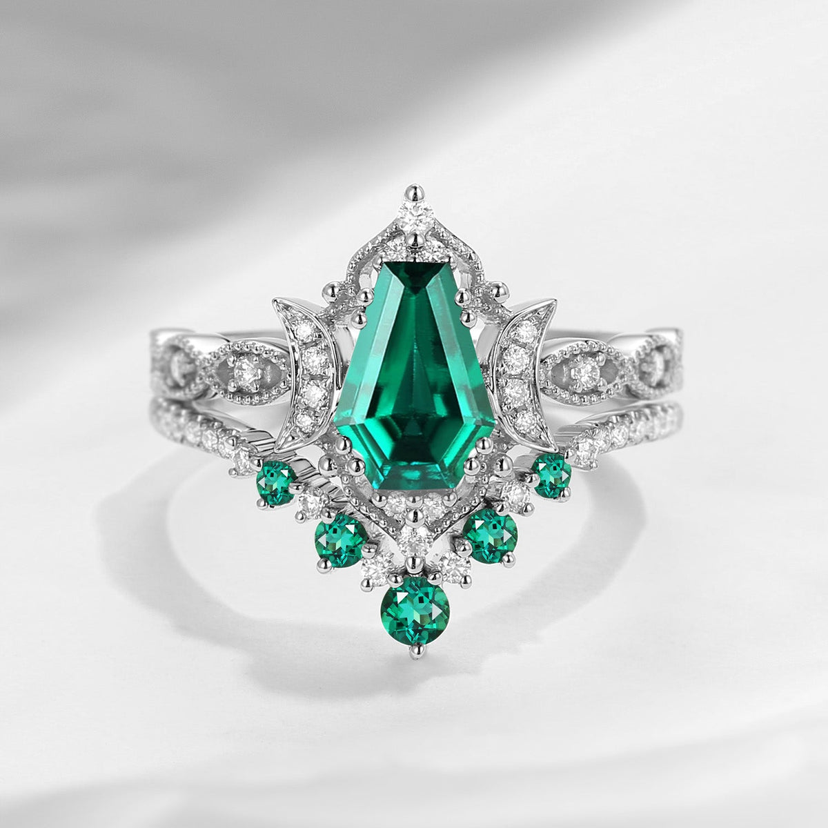 Crescent Moon | Coffin Cut Lab Emerald 'Till Death Do Us Part' Ring Set 2pcs