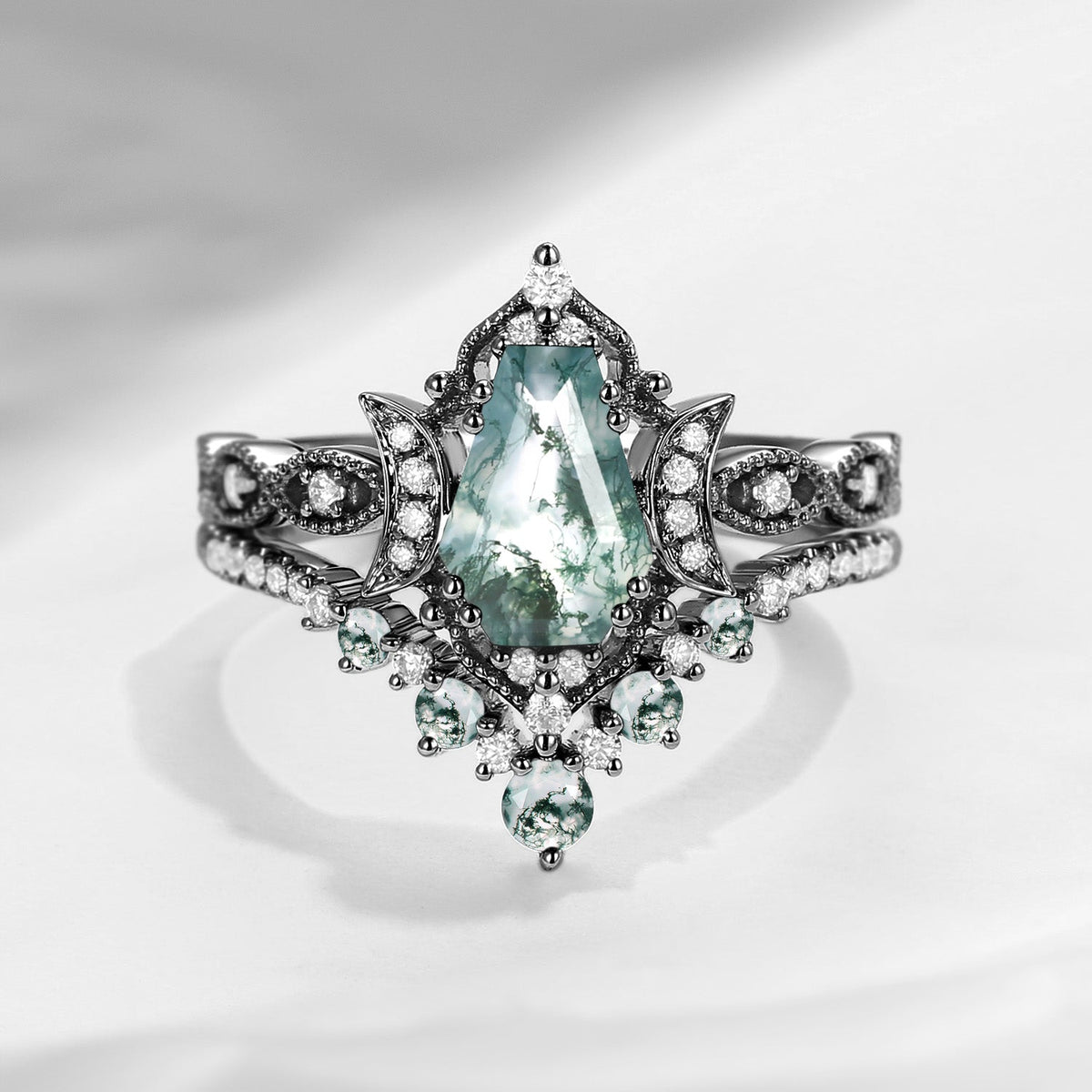 Crescent Moon | Coffin Cut Moss Agate 'Till Death Do Us Part' Ring Set 2pcs