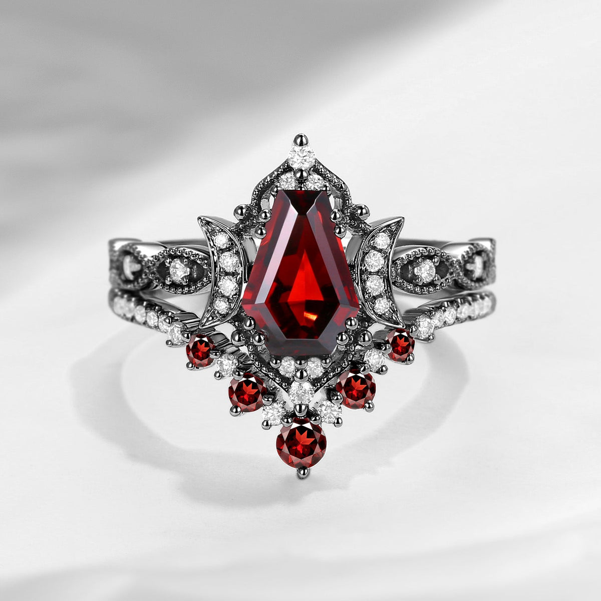 Crescent Moon | Coffin Cut Garnet 'Till Death Do Us Part' Ring Set 2pcs