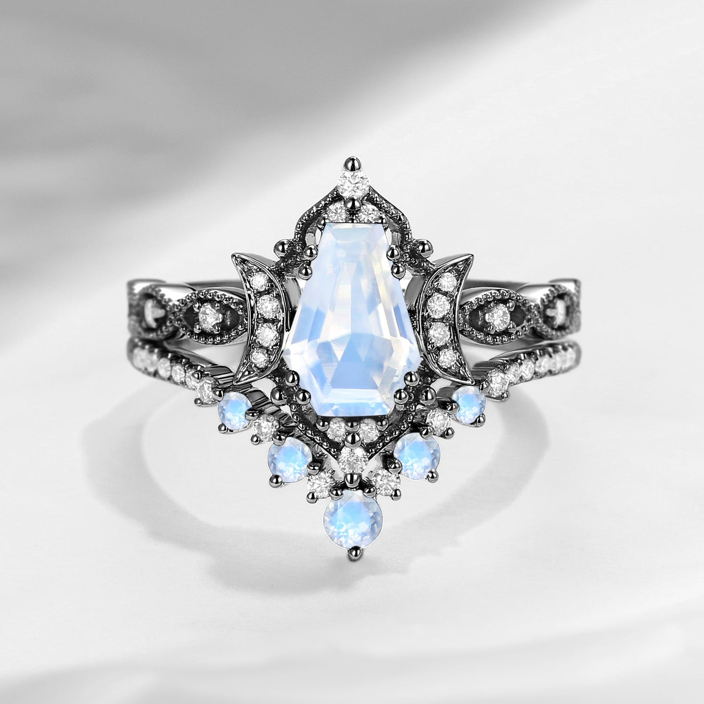 Crescent Moon | Coffin Cut Moonstone 'Till Death Do Us Part' Ring Set 2pcs