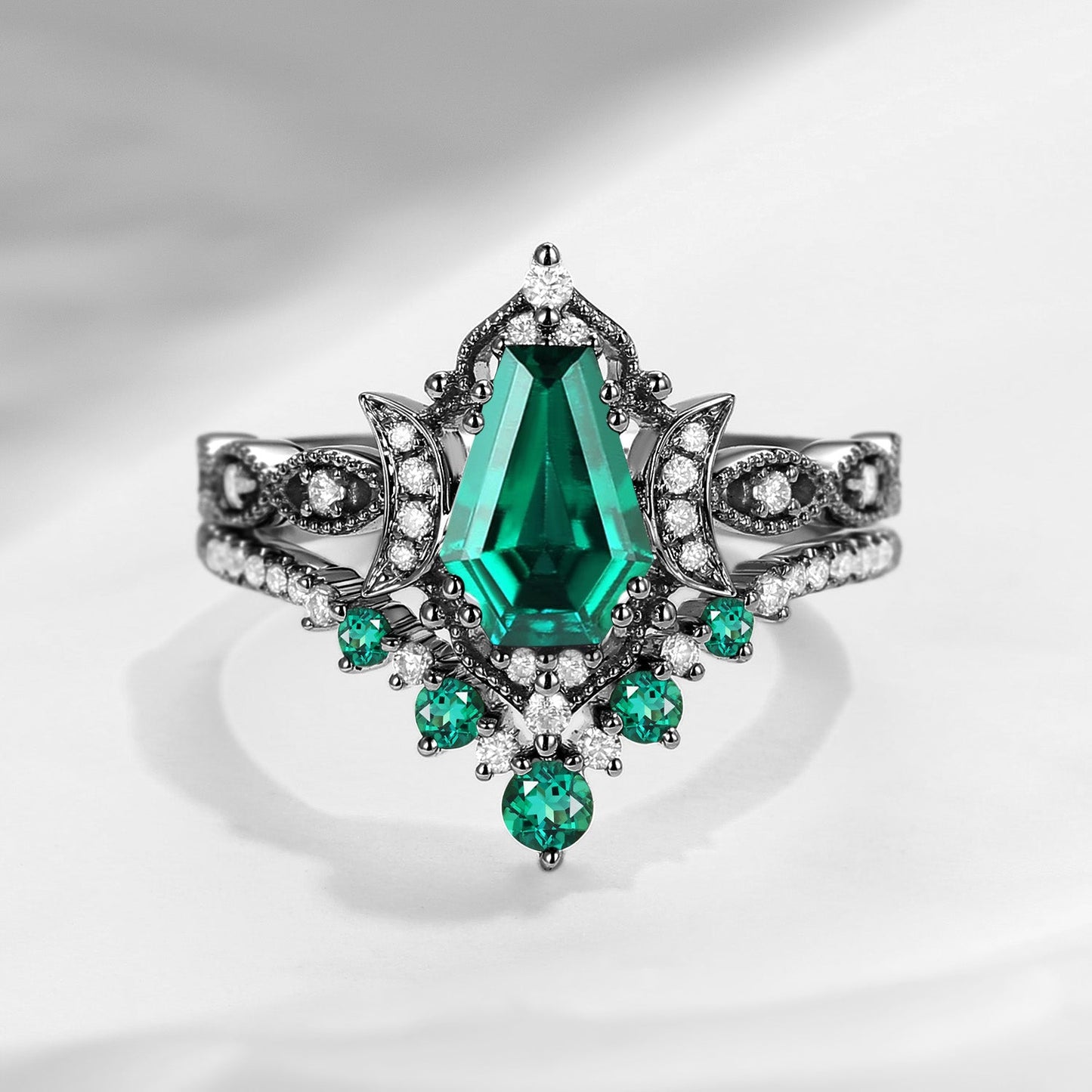 Crescent Moon | Coffin Cut Lab Emerald 'Till Death Do Us Part' Ring Set 2pcs