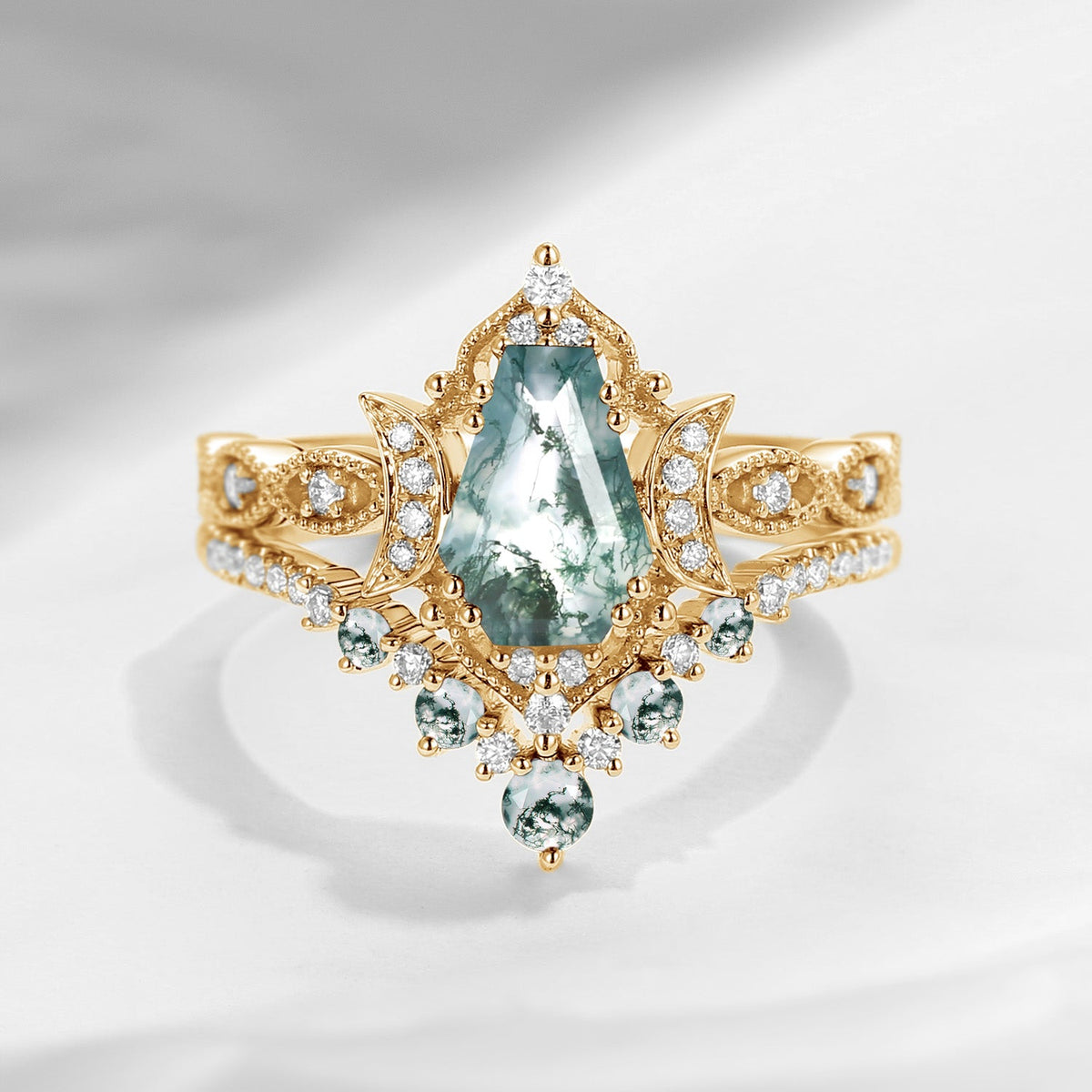 Crescent Moon | Coffin Cut Moss Agate 'Till Death Do Us Part' Ring Set 2pcs