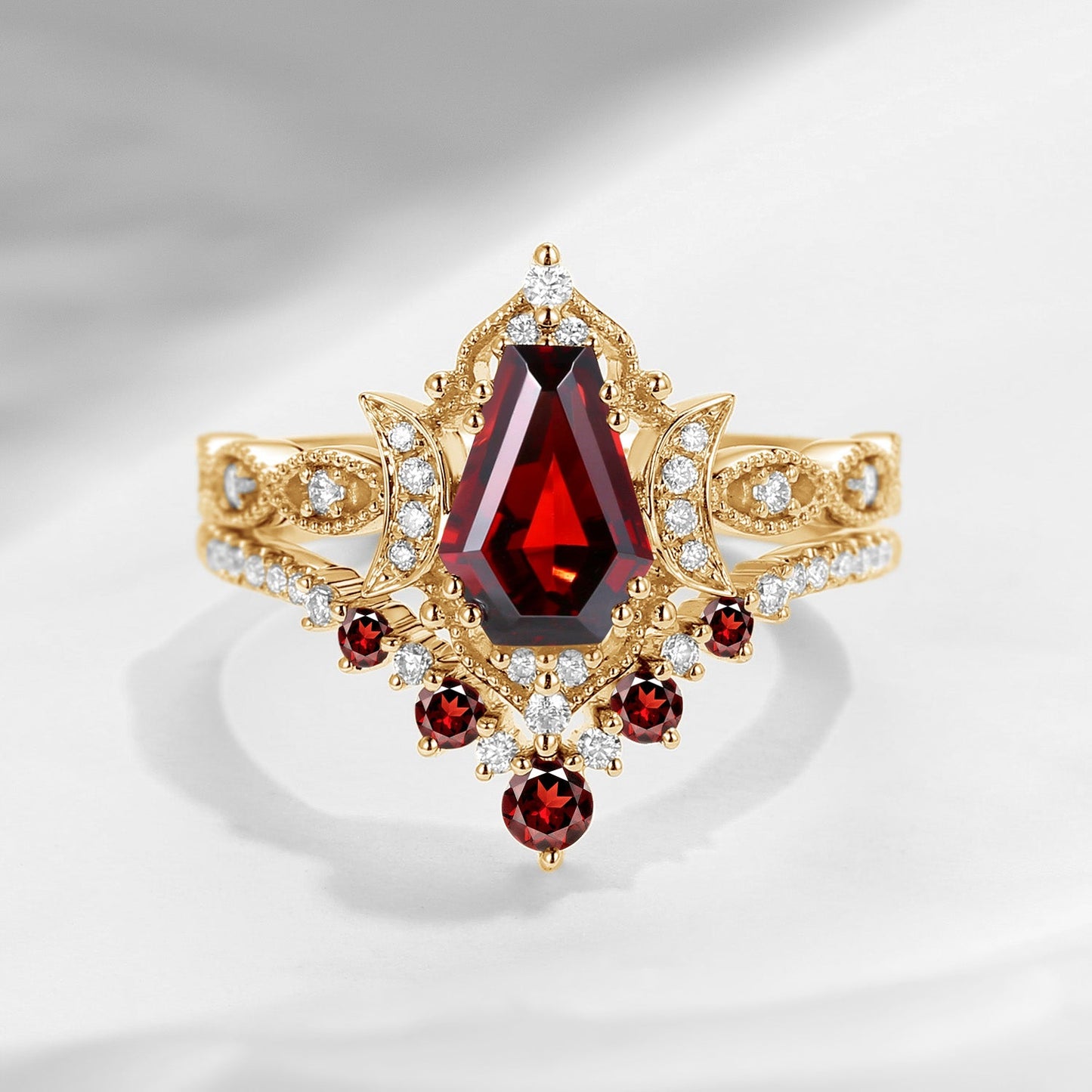 Crescent Moon | Coffin Cut Garnet 'Till Death Do Us Part' Ring Set 2pcs