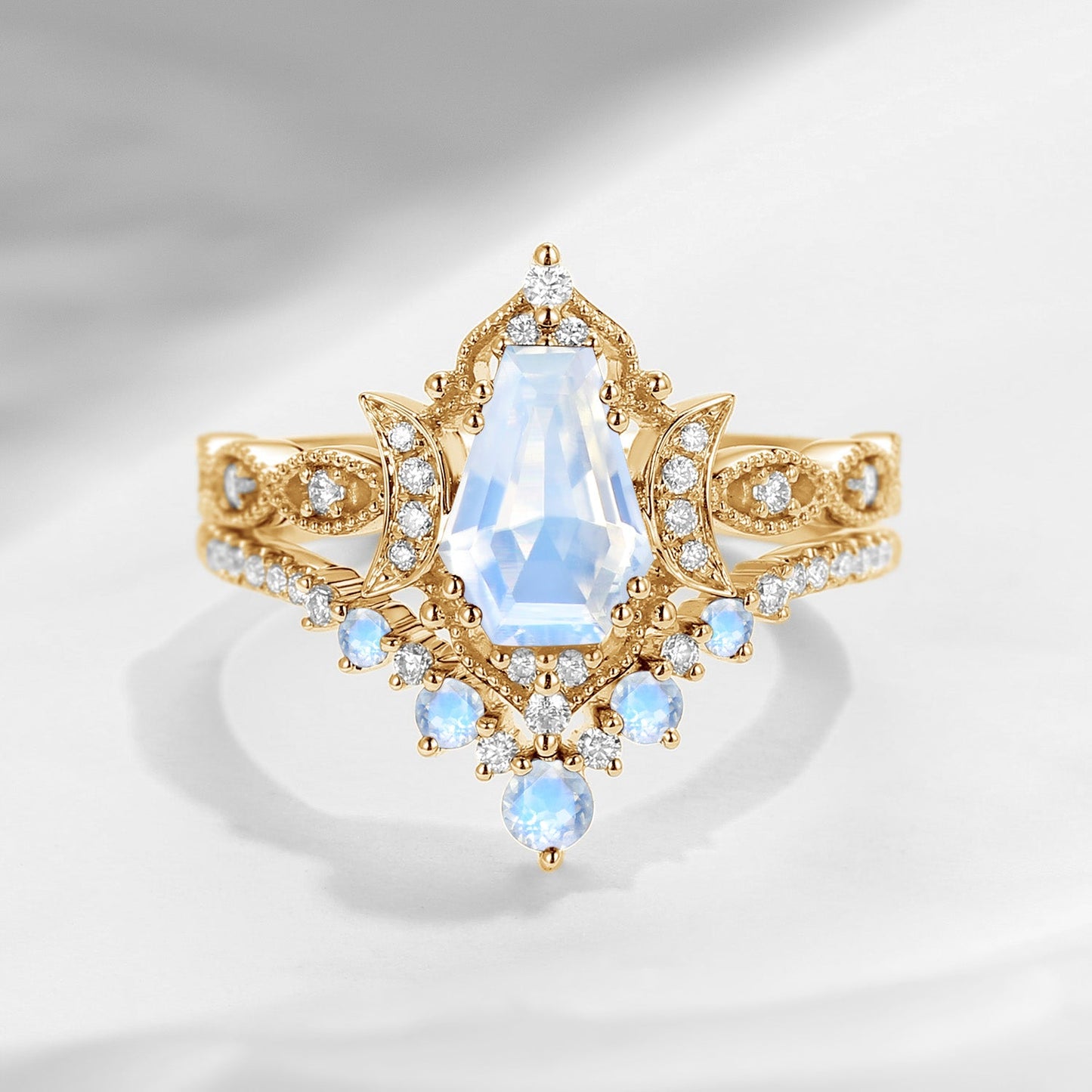 Crescent Moon | Coffin Cut Moonstone 'Till Death Do Us Part' Ring Set 2pcs