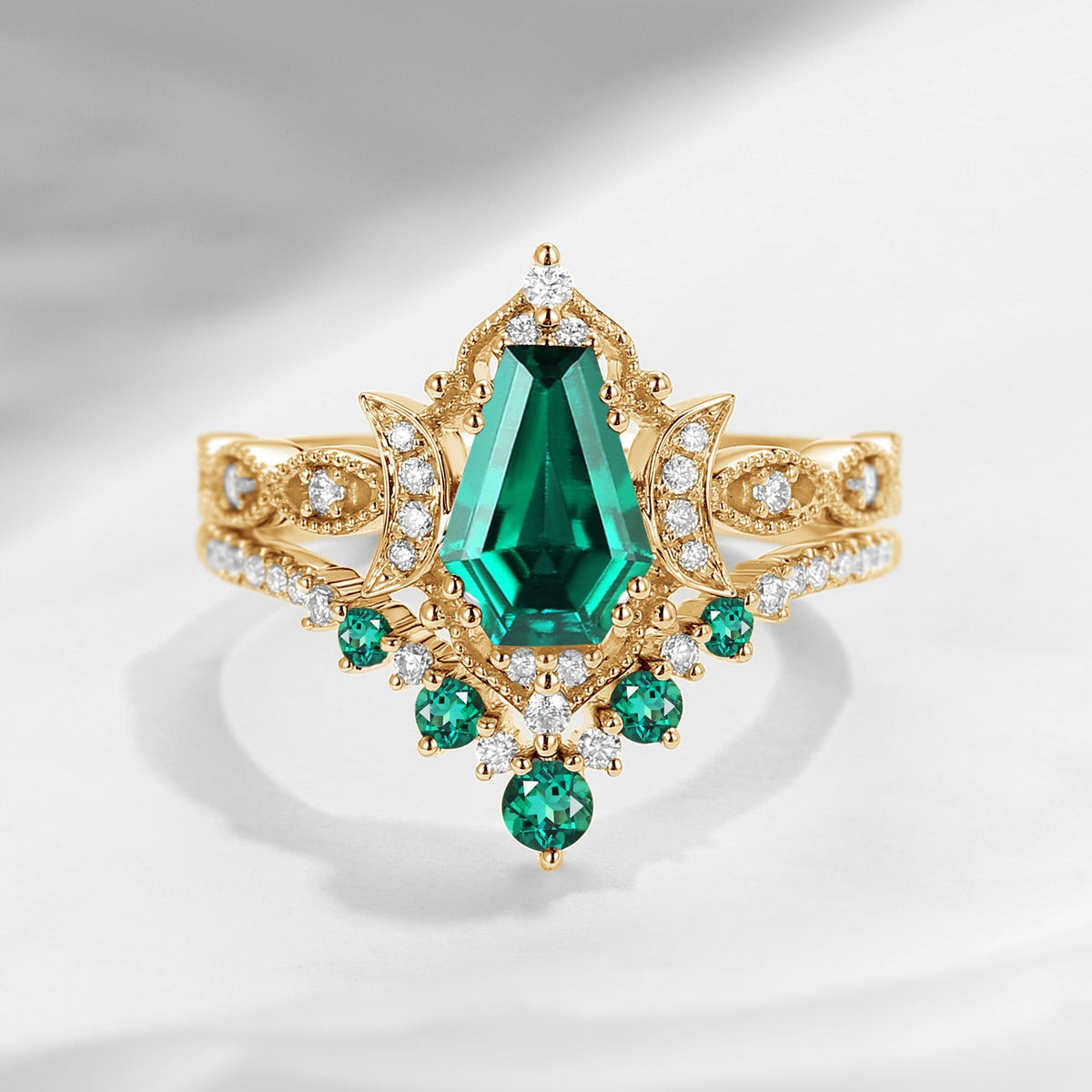 Crescent Moon | Coffin Cut Lab Emerald 'Till Death Do Us Part' Ring Set 2pcs