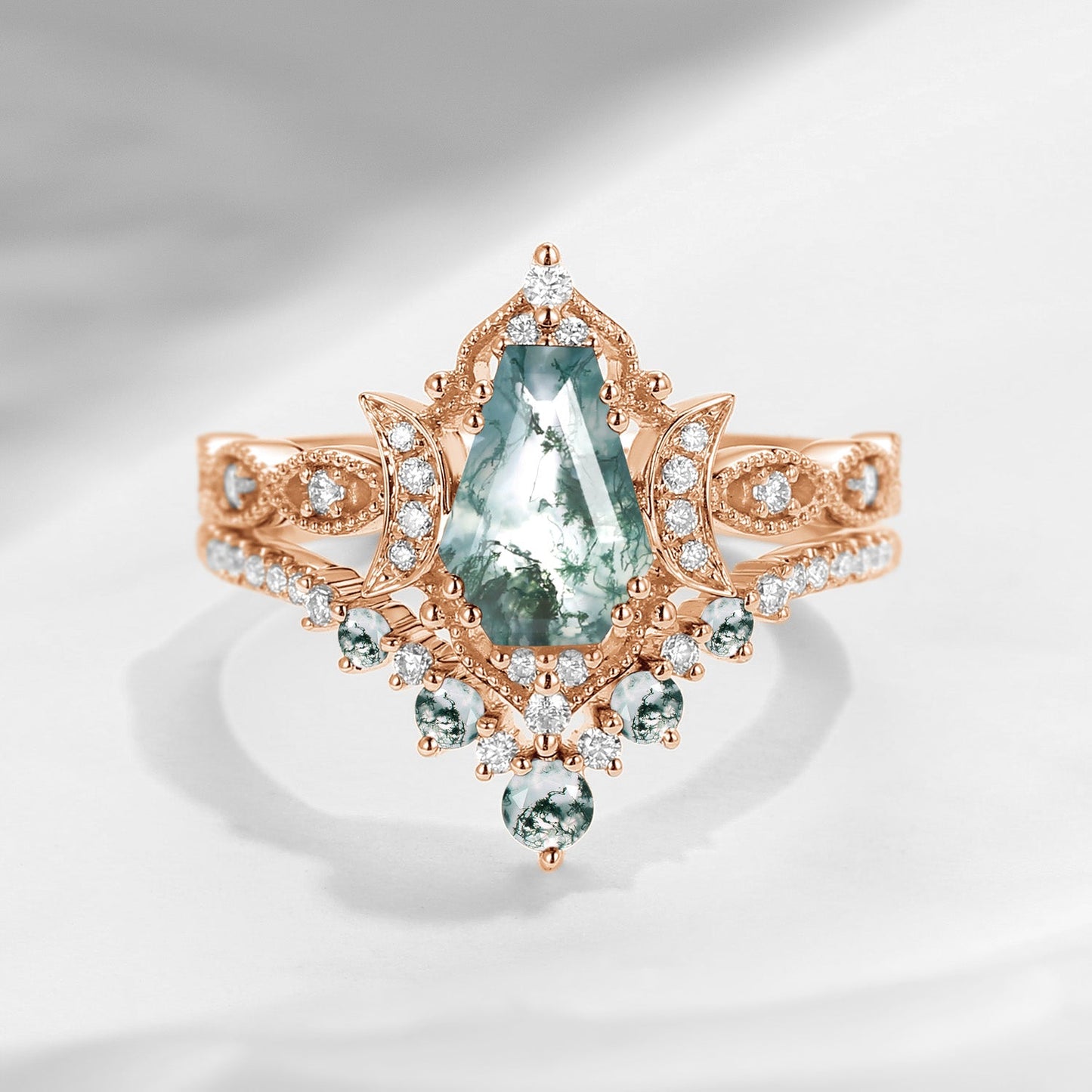 Crescent Moon | Coffin Cut Moss Agate 'Till Death Do Us Part' Ring Set 2pcs