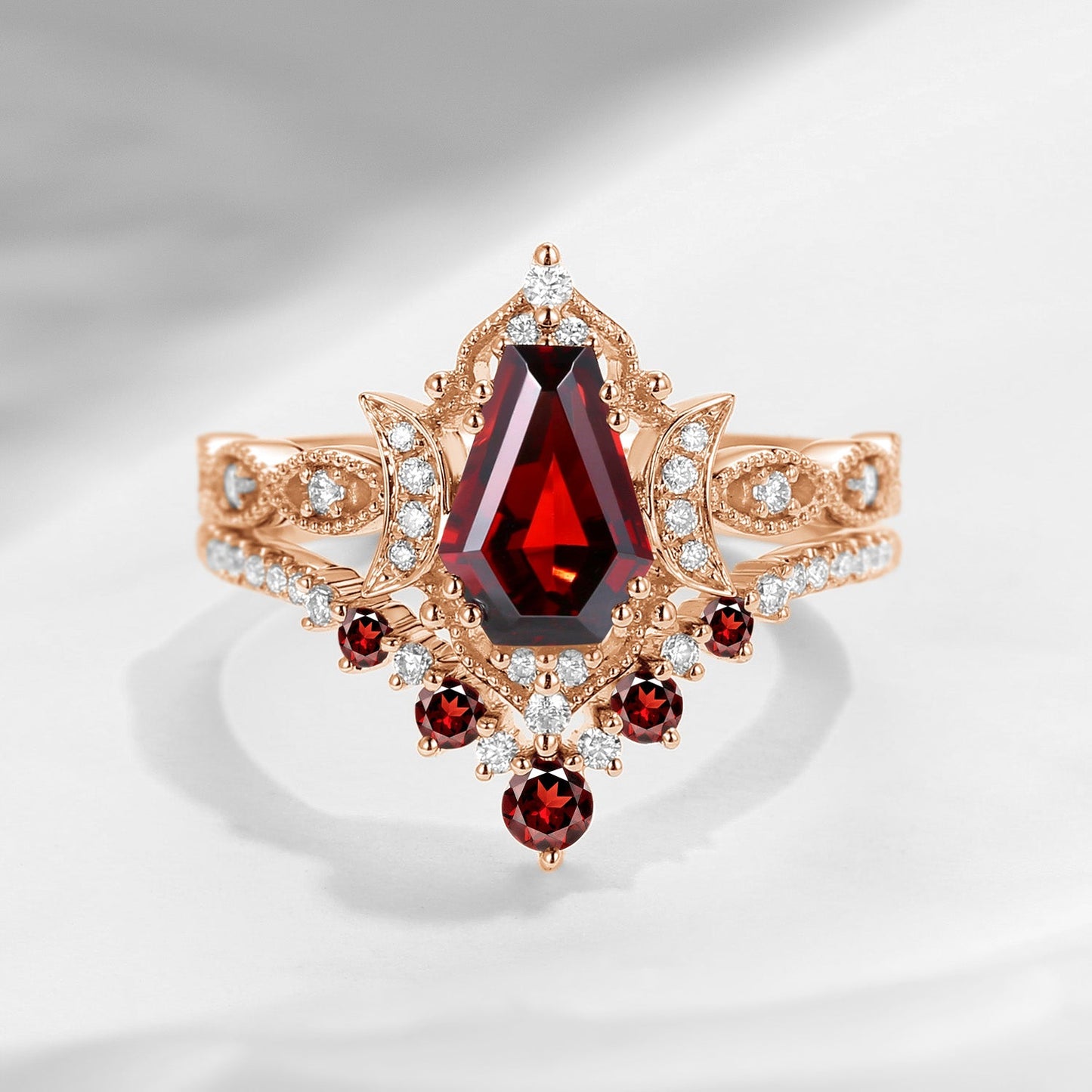Crescent Moon | Coffin Cut Garnet 'Till Death Do Us Part' Ring Set 2pcs