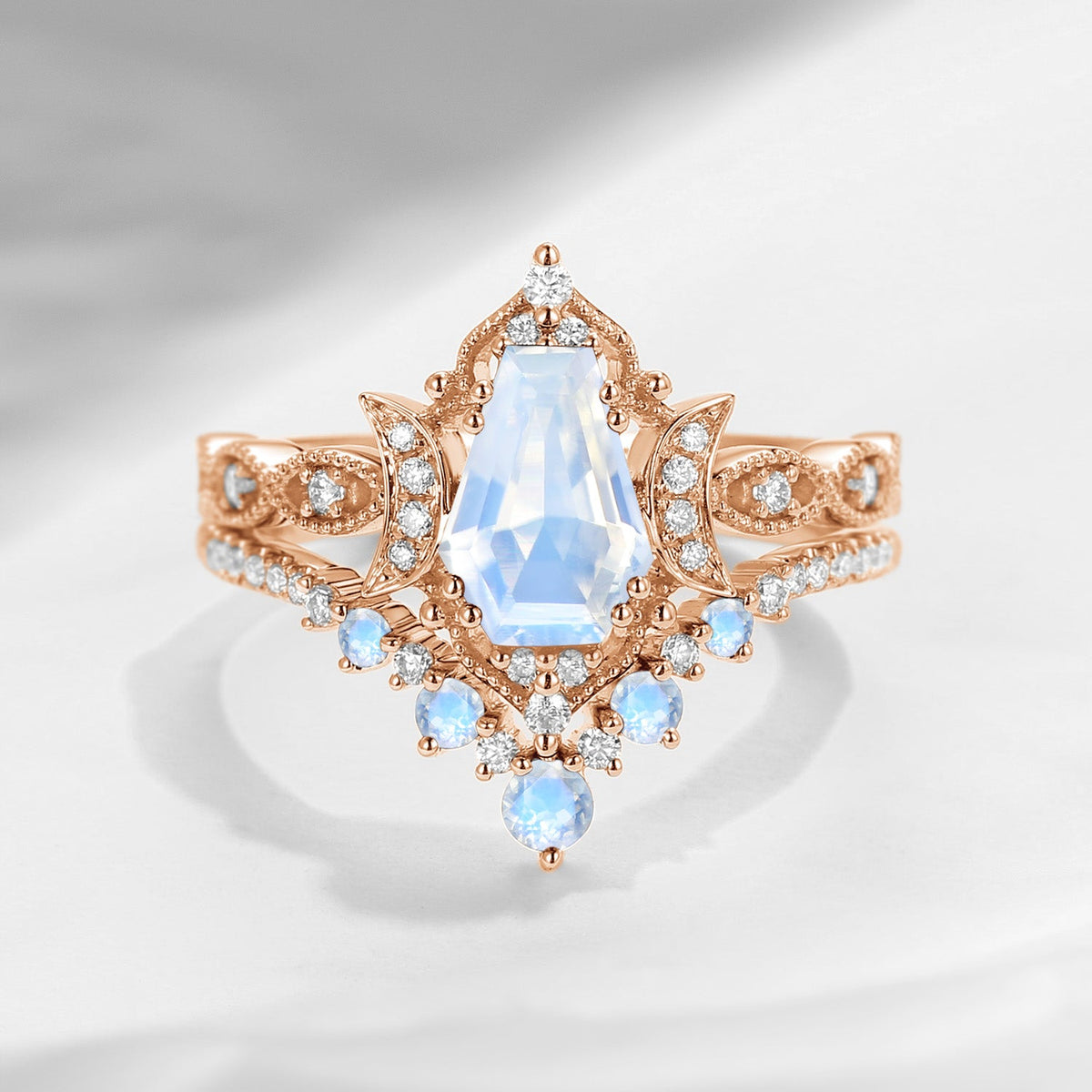 Crescent Moon | Coffin Cut Moonstone 'Till Death Do Us Part' Ring Set 2pcs