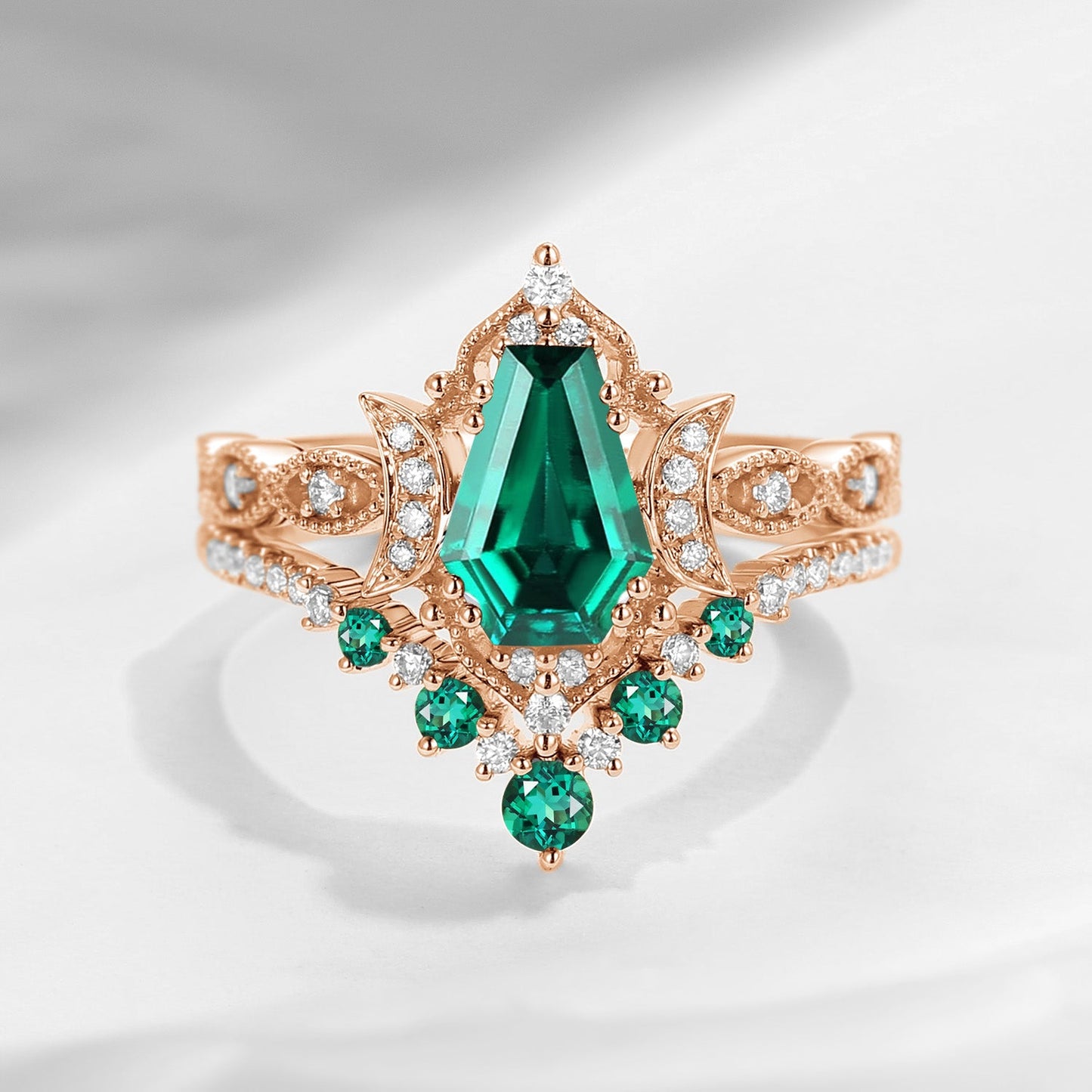 Crescent Moon | Coffin Cut Lab Emerald 'Till Death Do Us Part' Ring Set 2pcs