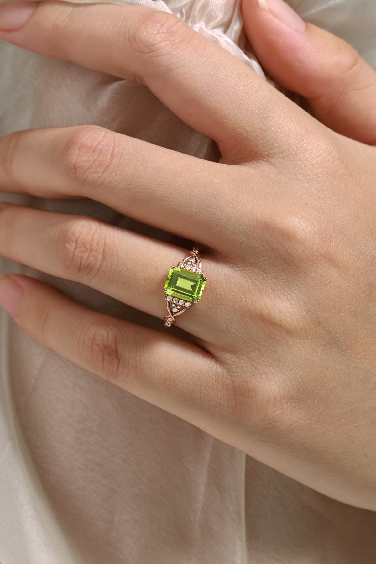 Emerald Cut Peridot Engagement Ring