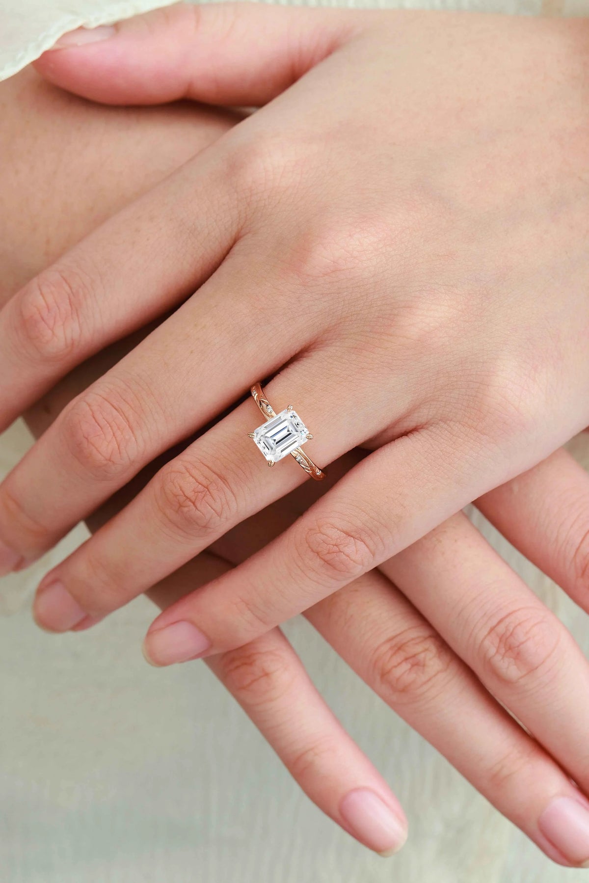 Minimalist Elegance Leaf Prong Emerald Cut Moissanite Engagement Ring
