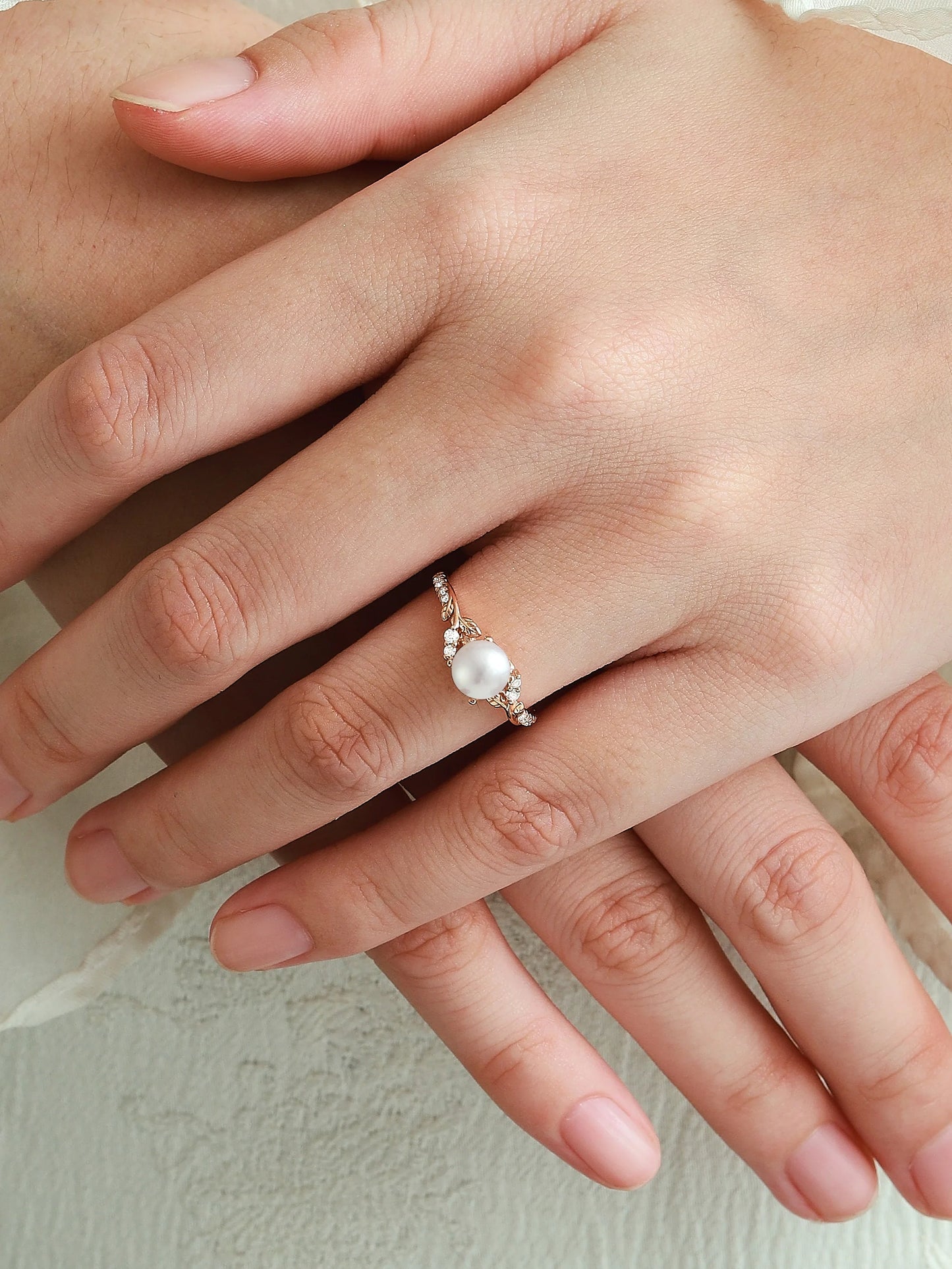 Nature-inspired Leaf Akoya Pearl Engagement Ring