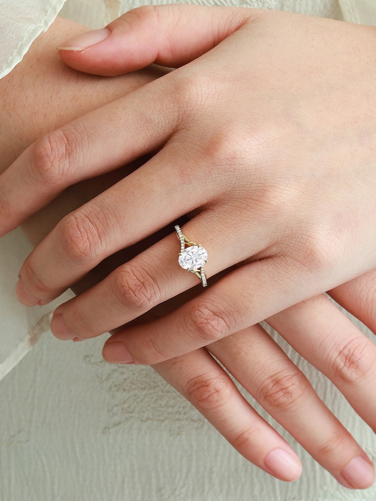 Nature-Inspired Leaf Half Pavé Oval Cut Moissanite Engagement Ring