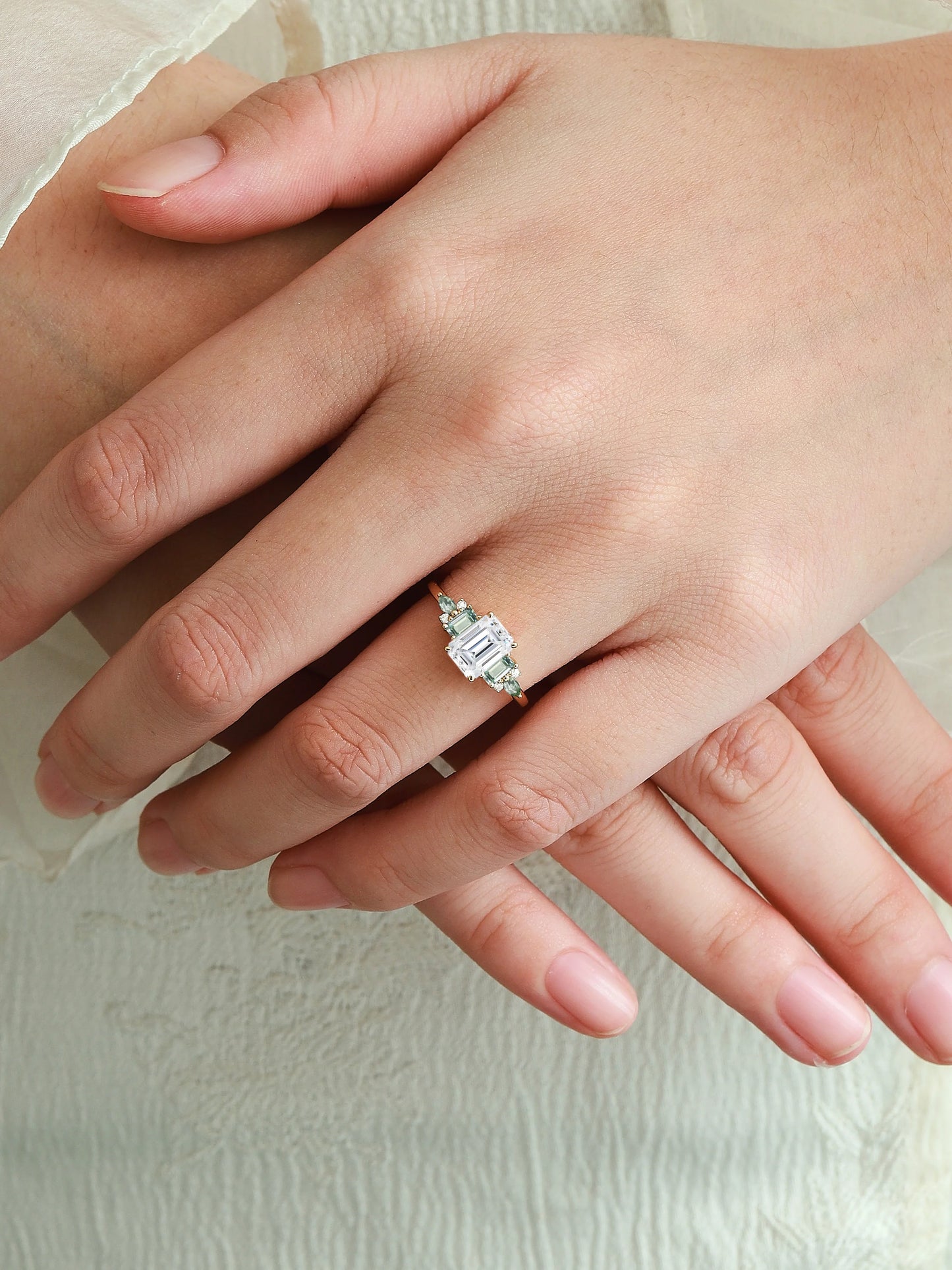 Vintage Emerald Cut Moissanite Three Stone Engagement Ring