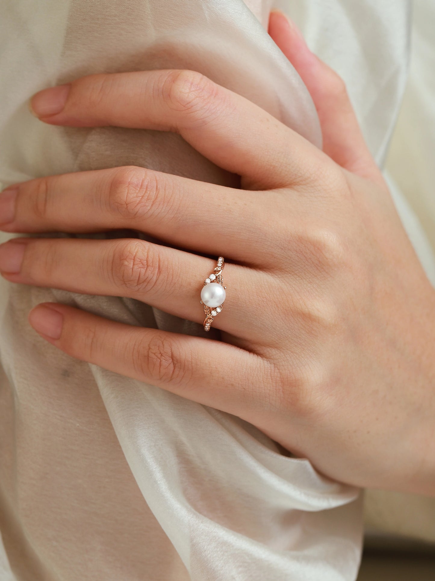 Nature-inspired Leaf Akoya Pearl Engagement Ring