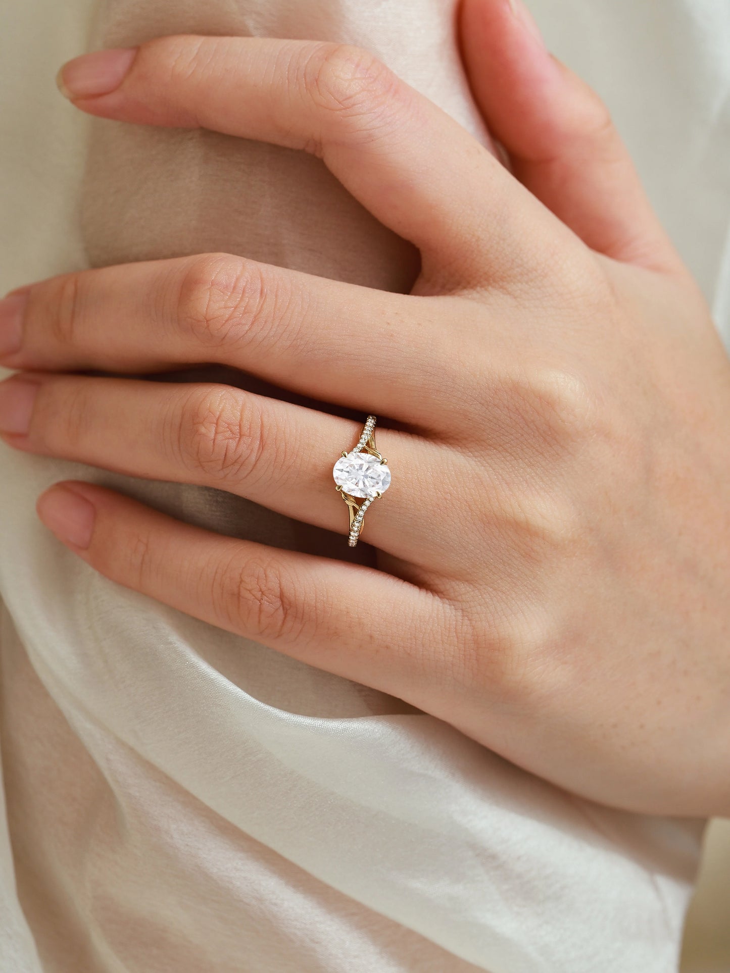 Nature-Inspired Leaf Half Pavé Oval Cut Moissanite Engagement Ring