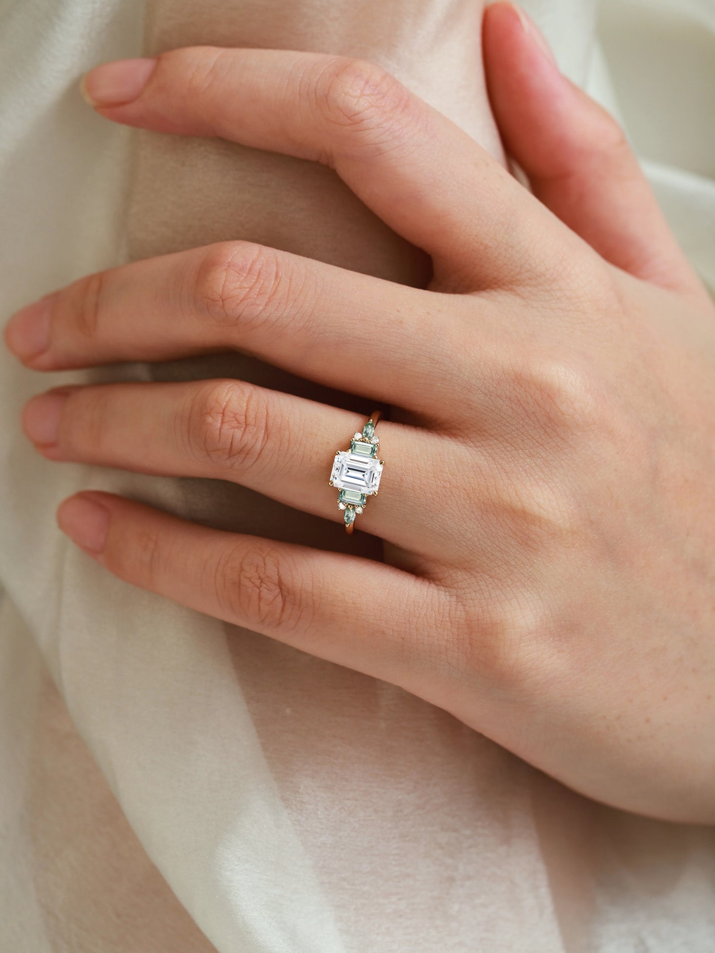 Vintage Emerald Cut Moissanite Three Stone Engagement Ring