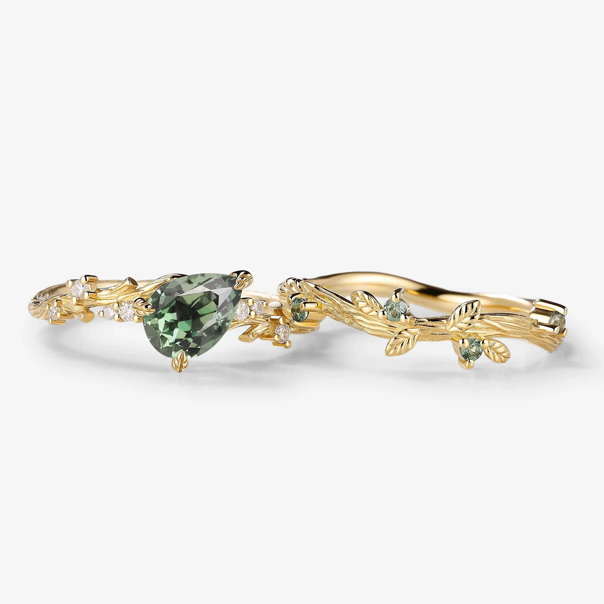 Nature-Inspired Sapphire Bridal Set – Pear Cut Sapphire Engagement Ring & Curved Green Sapphire Wedding Band 2Pcs Set