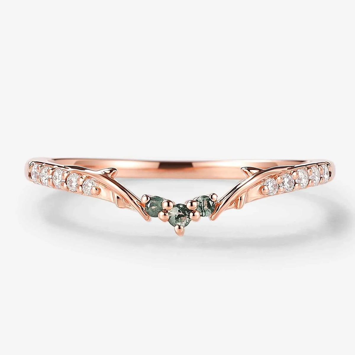 Vine Inspired Moss Agate and Round Moissanite Wedding Band