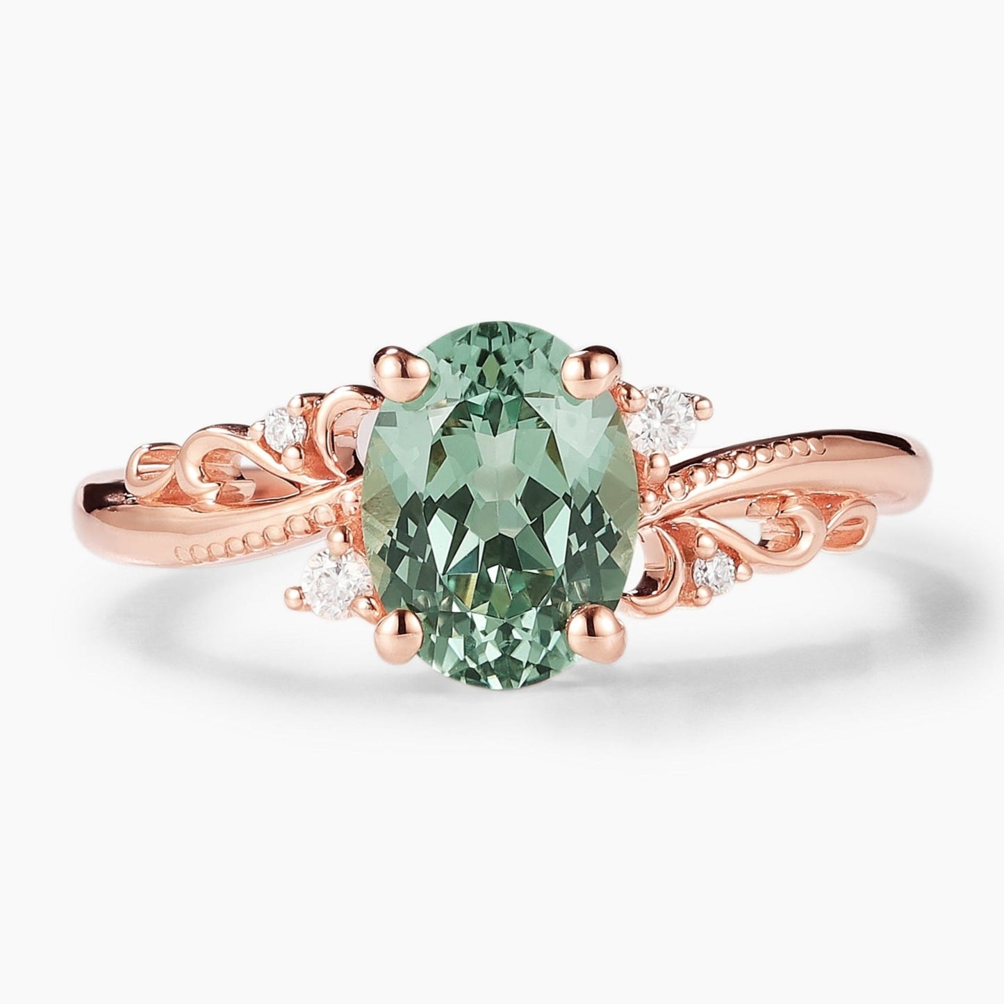 Oval Green Sapphire Vintage Milgrain Engagement Ring