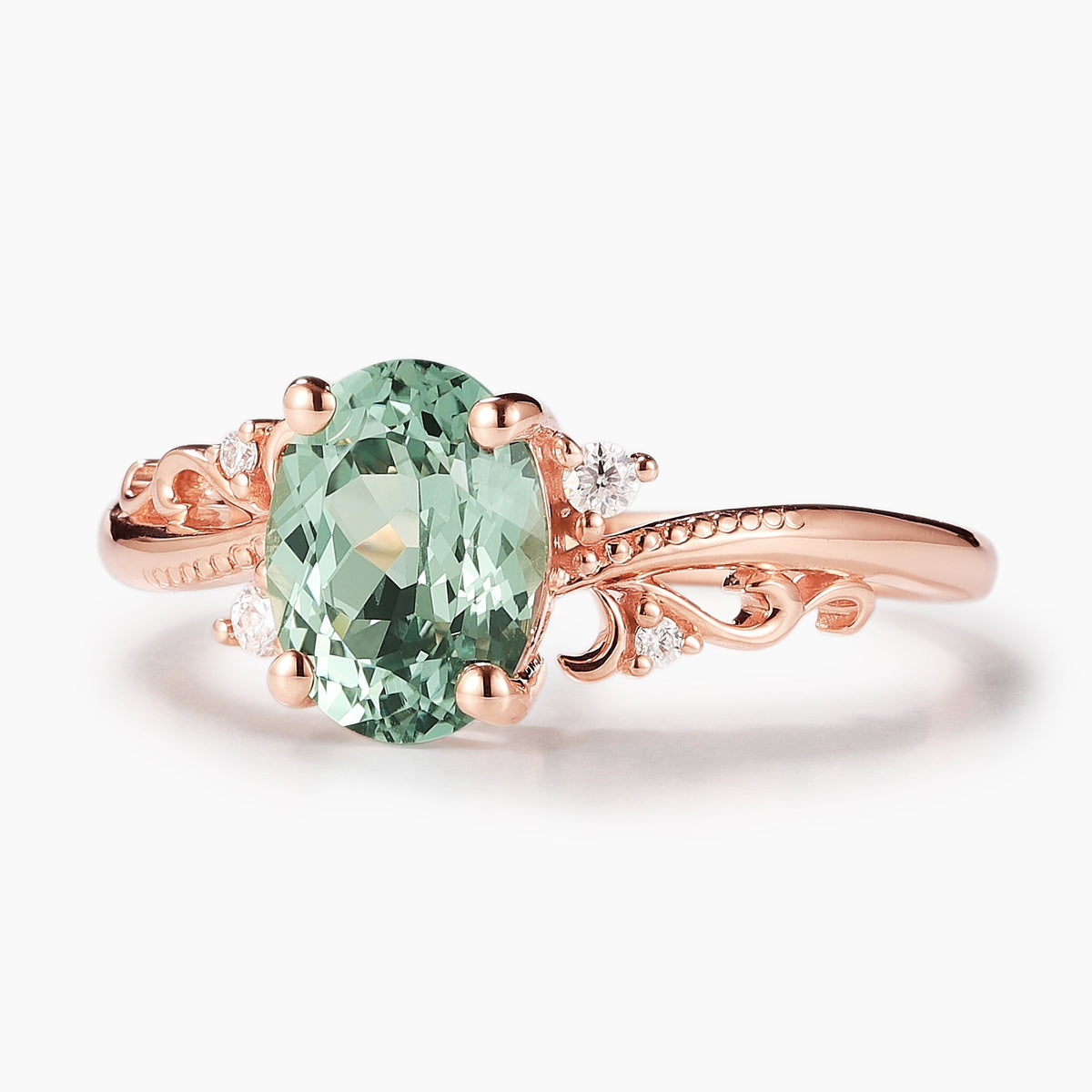 Oval Green Sapphire Vintage Milgrain Engagement Ring