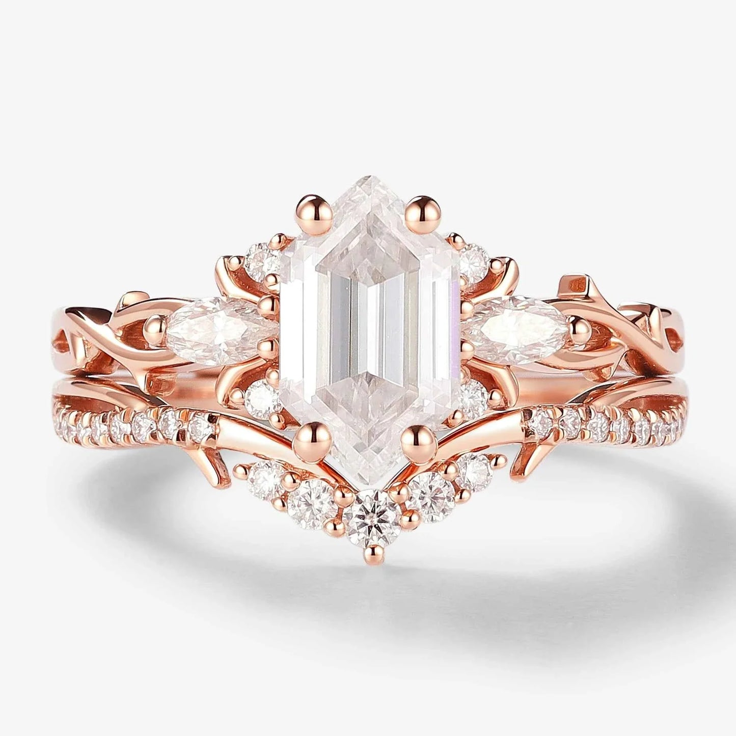 Nature-inspired Hexagon Cut Moissanite Engagement Ring Set 2pcs