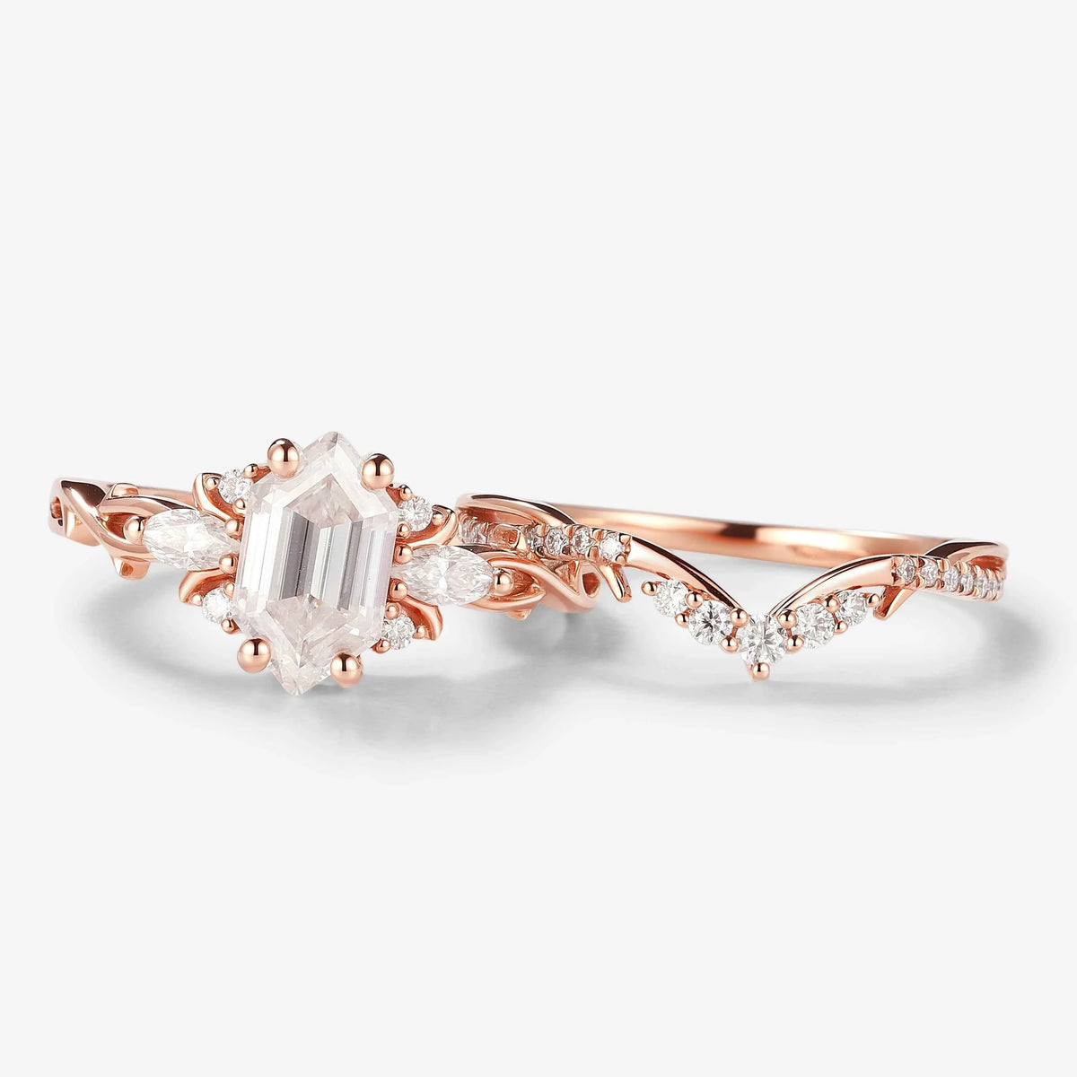 Nature-inspired Hexagon Cut Moissanite Engagement Ring Set 2pcs