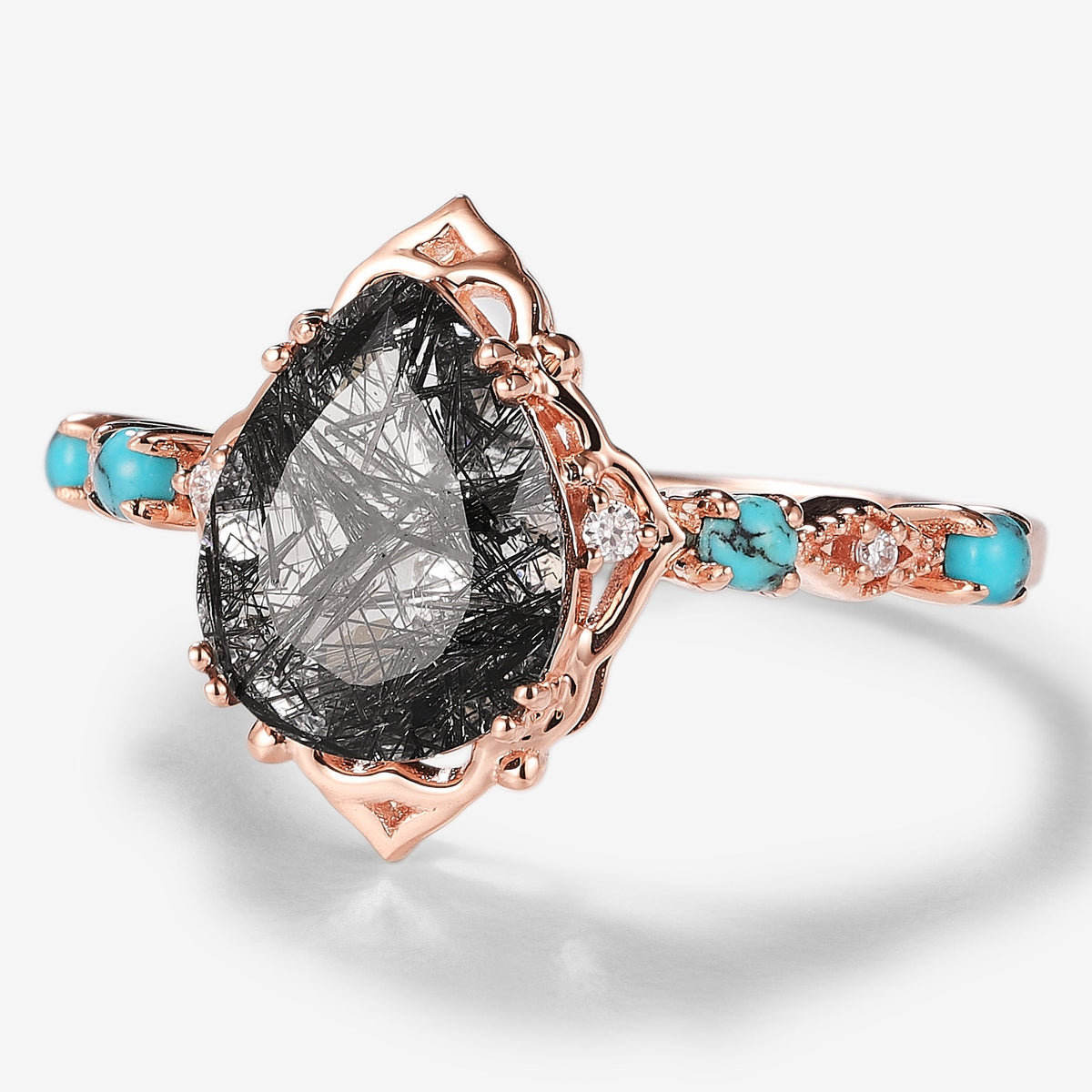 Pear Cut Black Rutilated Quartz Vintage Engagement Ring