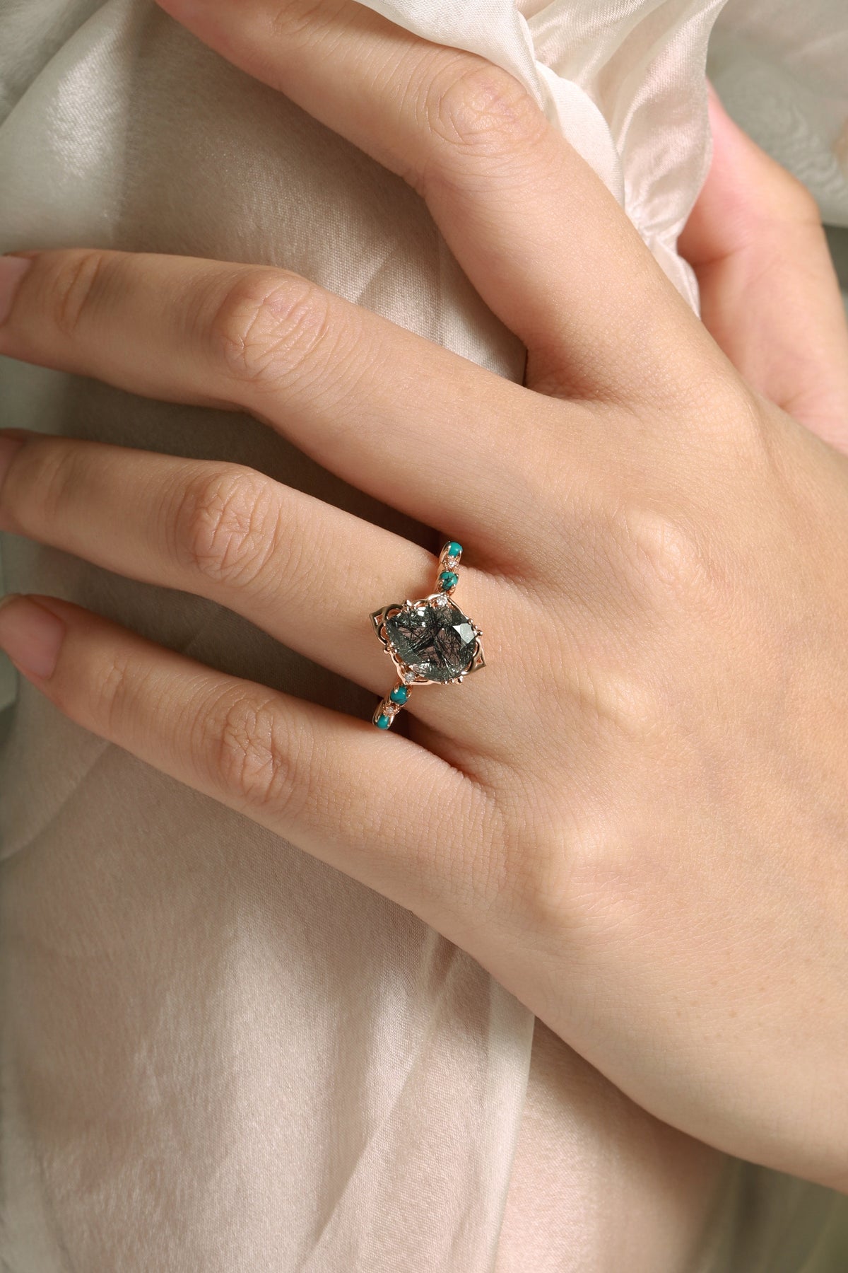 Pear Cut Black Rutilated Quartz Vintage Engagement Ring