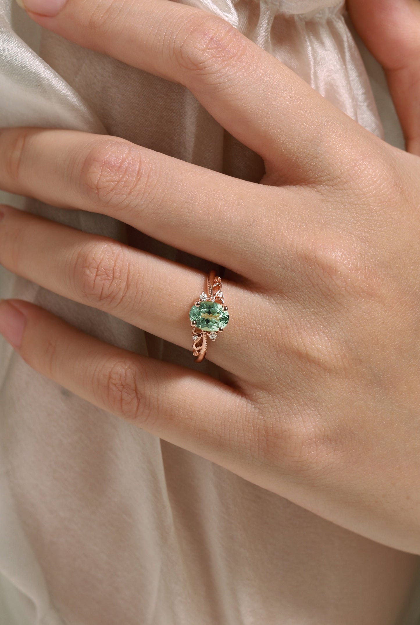 Oval Green Sapphire Vintage Milgrain Engagement Ring