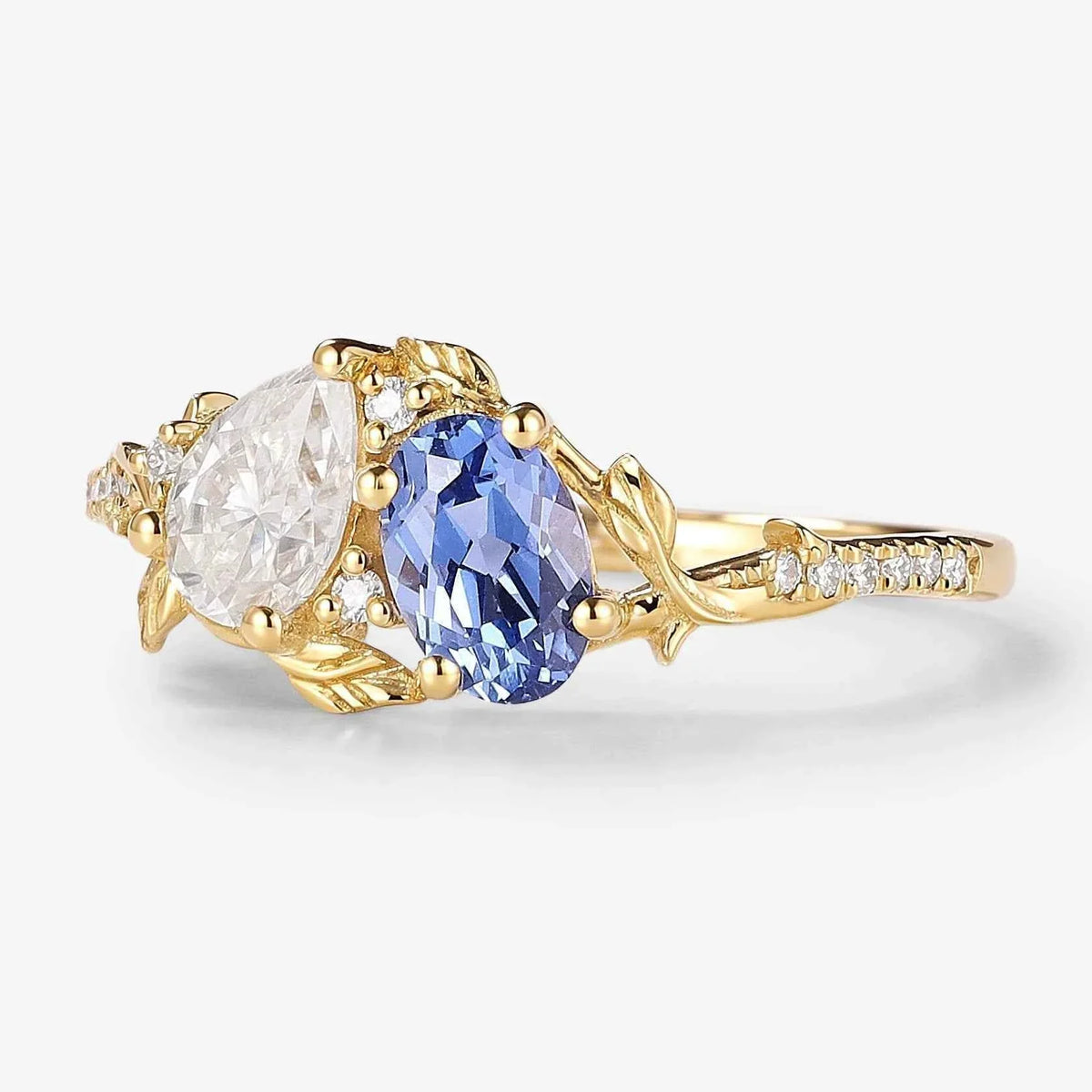 Nature-Inspired Leaf 2 Stone Ring Pear & Oval Cut Engagement Ring