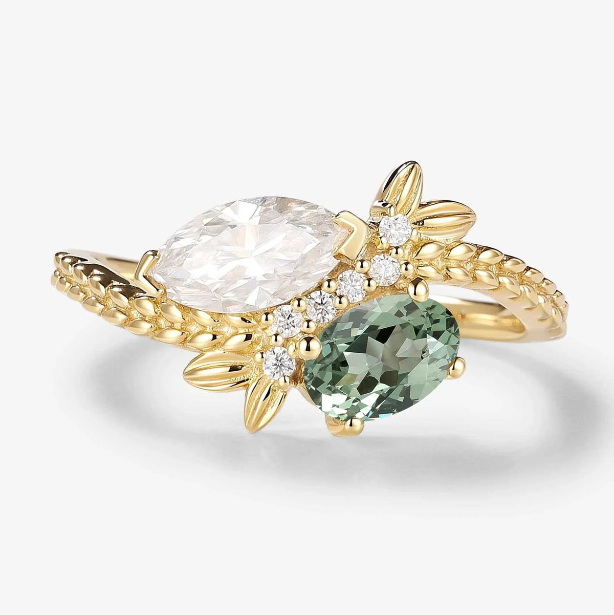 Nature Inspired Toi et Moi 2 Stone Ring Marquise Moissanite & Oval Green Sapphire Engagement Ring
