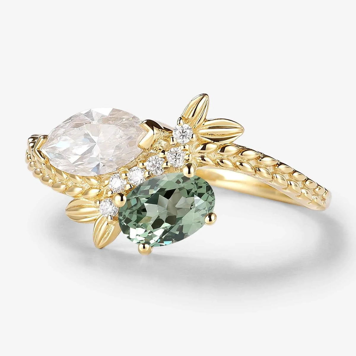 Nature Inspired Toi et Moi 2 Stone Ring Marquise Moissanite & Oval Green Sapphire Engagement Ring