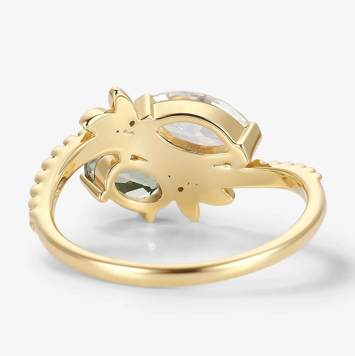Nature Inspired Toi et Moi 2 Stone Ring Marquise Moissanite & Oval Green Sapphire Engagement Ring
